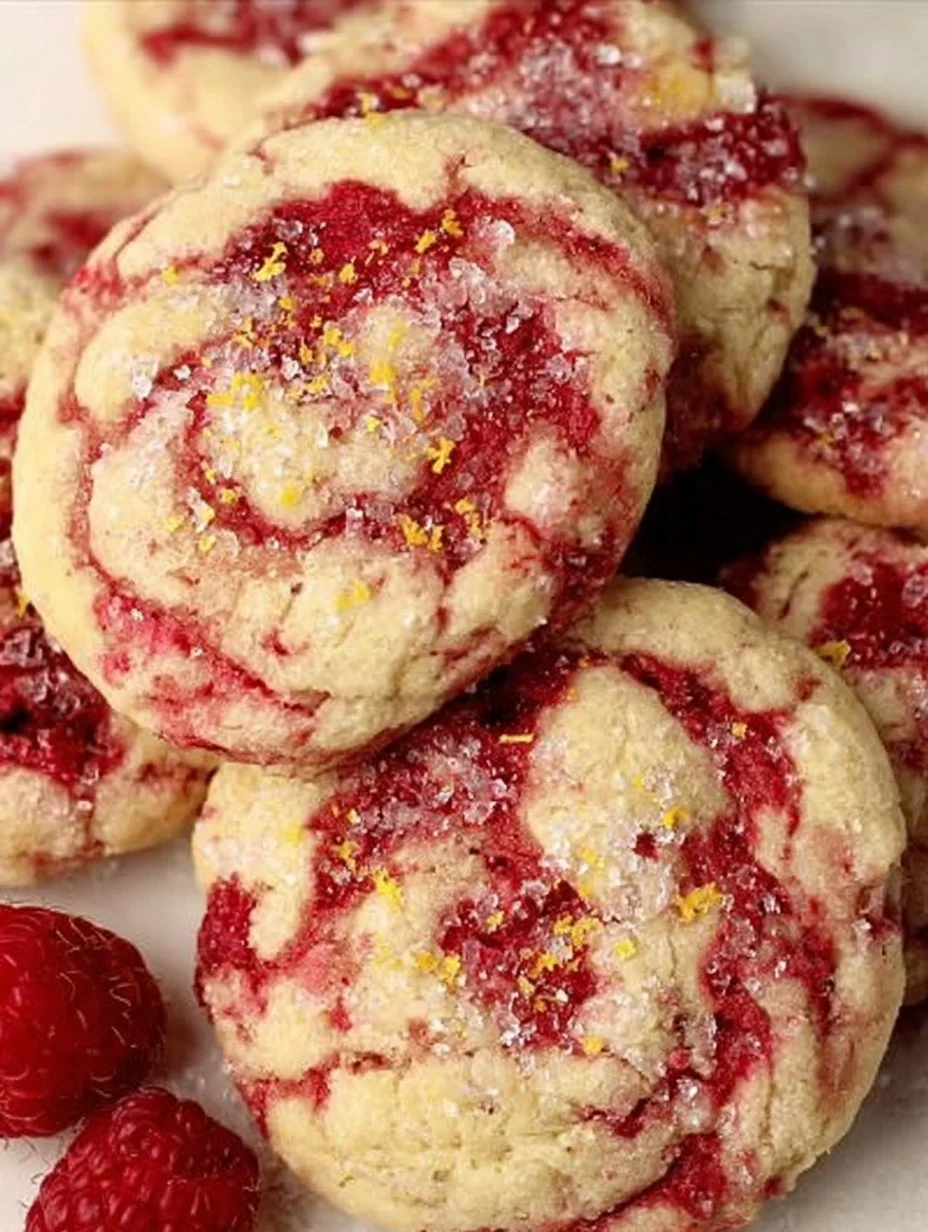 Zitronen-Himbeer-Kekse verziert mit frischen Himbeeren und Zitrone