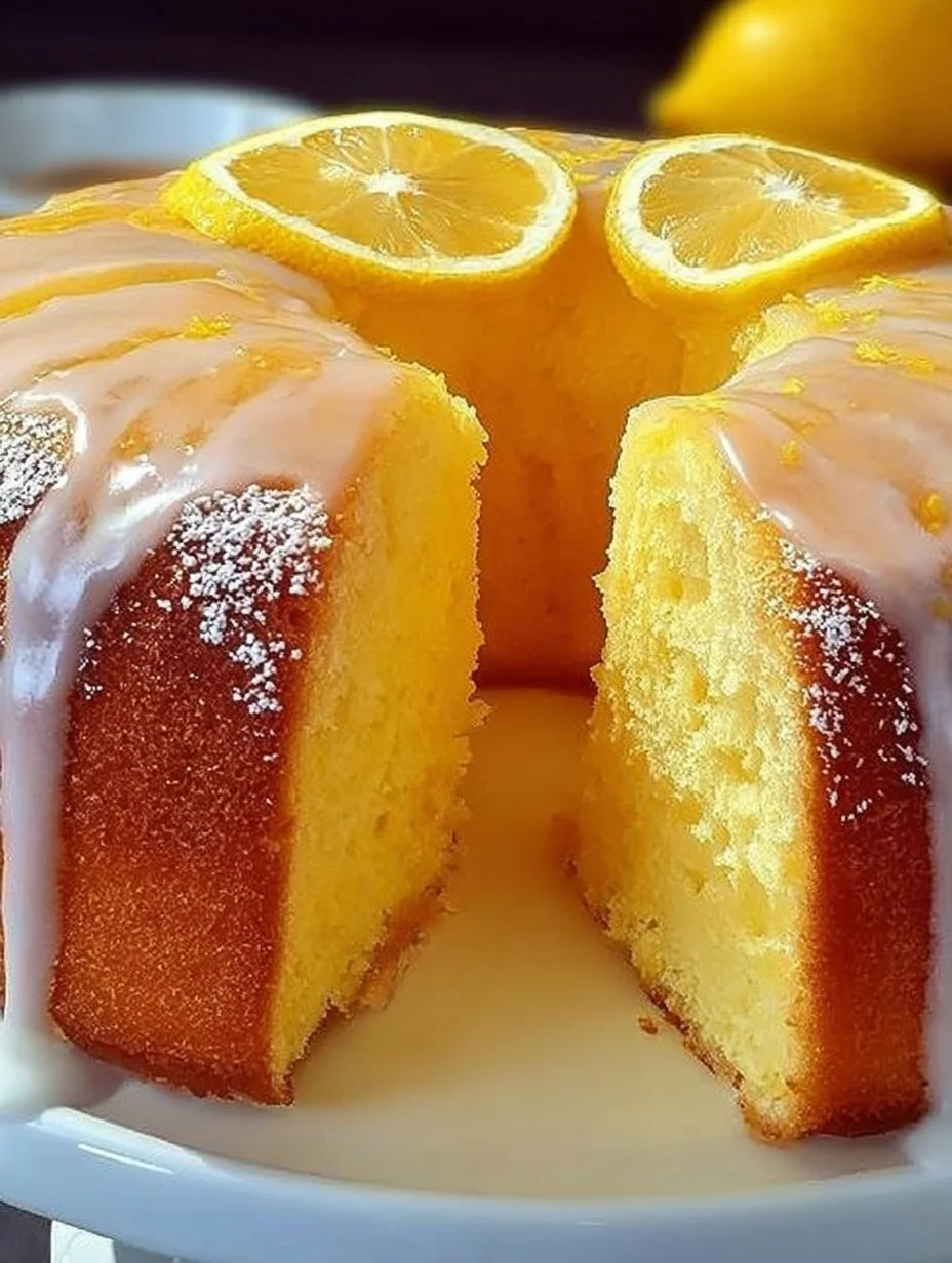 Frischer Zitronenkuchen auf einem Teller, dekoriert mit Zitronenscheiben.
