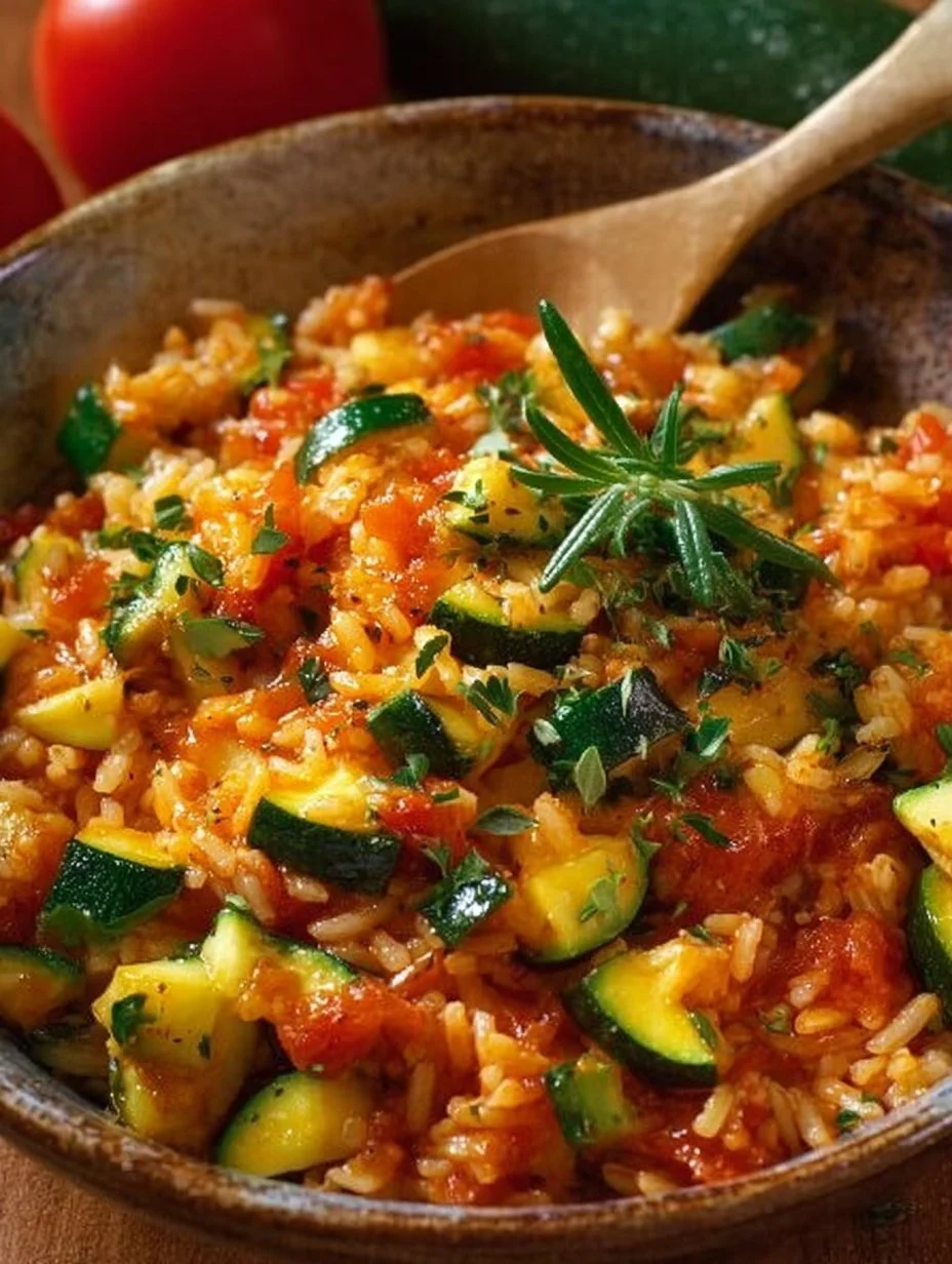 Überbackener Zucchini-Tomaten-Reis in einer Schüssel