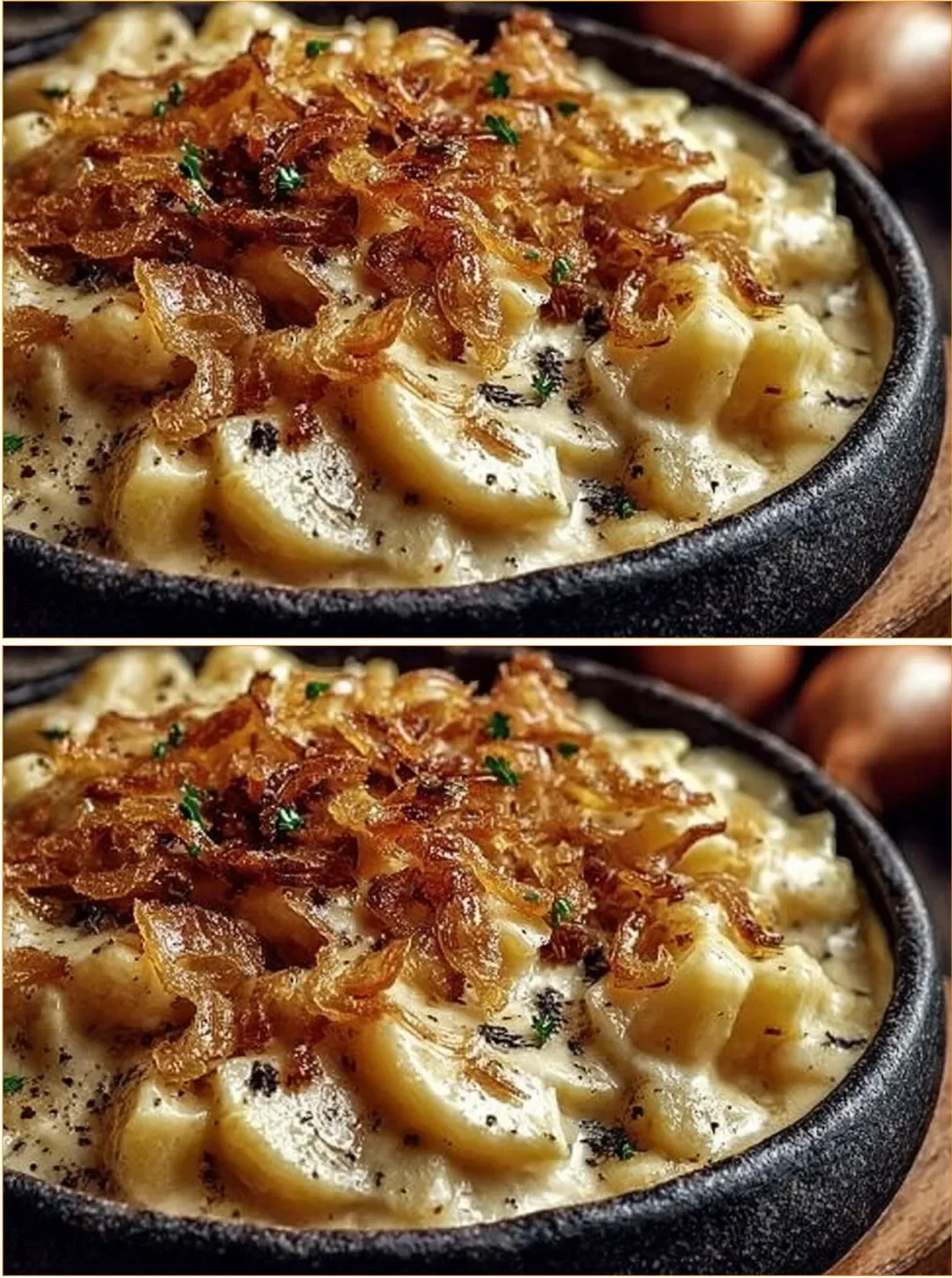Leckere Älplermagronen mit Kartoffeln und Käse in einer Auflaufform.