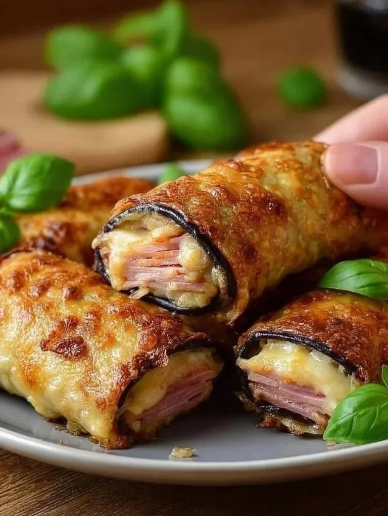 Leckere Auberginenrollen gefüllt mit Schinken und Käse