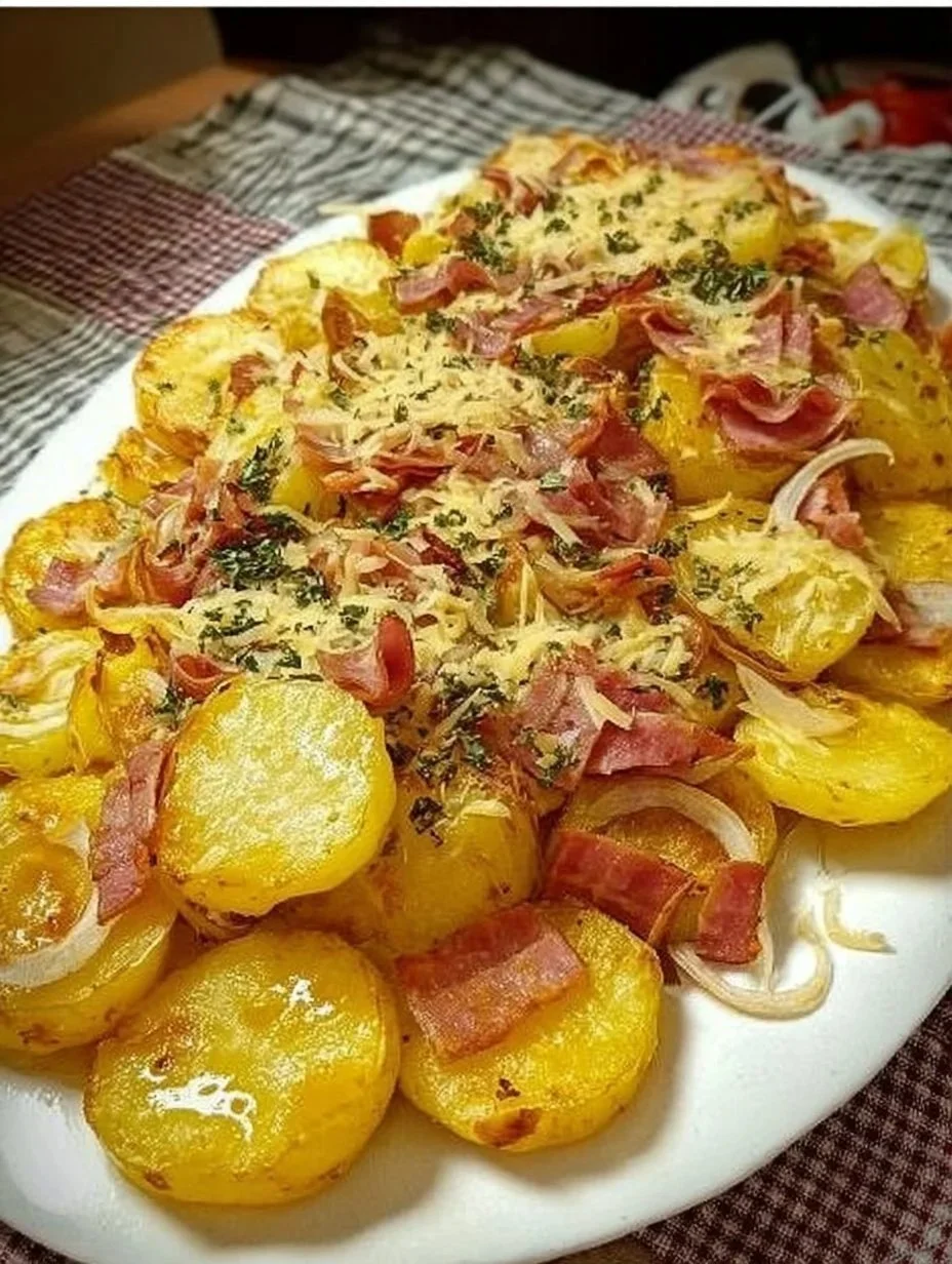 Bauernkartoffeln aus frischen Zutaten serviert auf einem rustikalen Teller