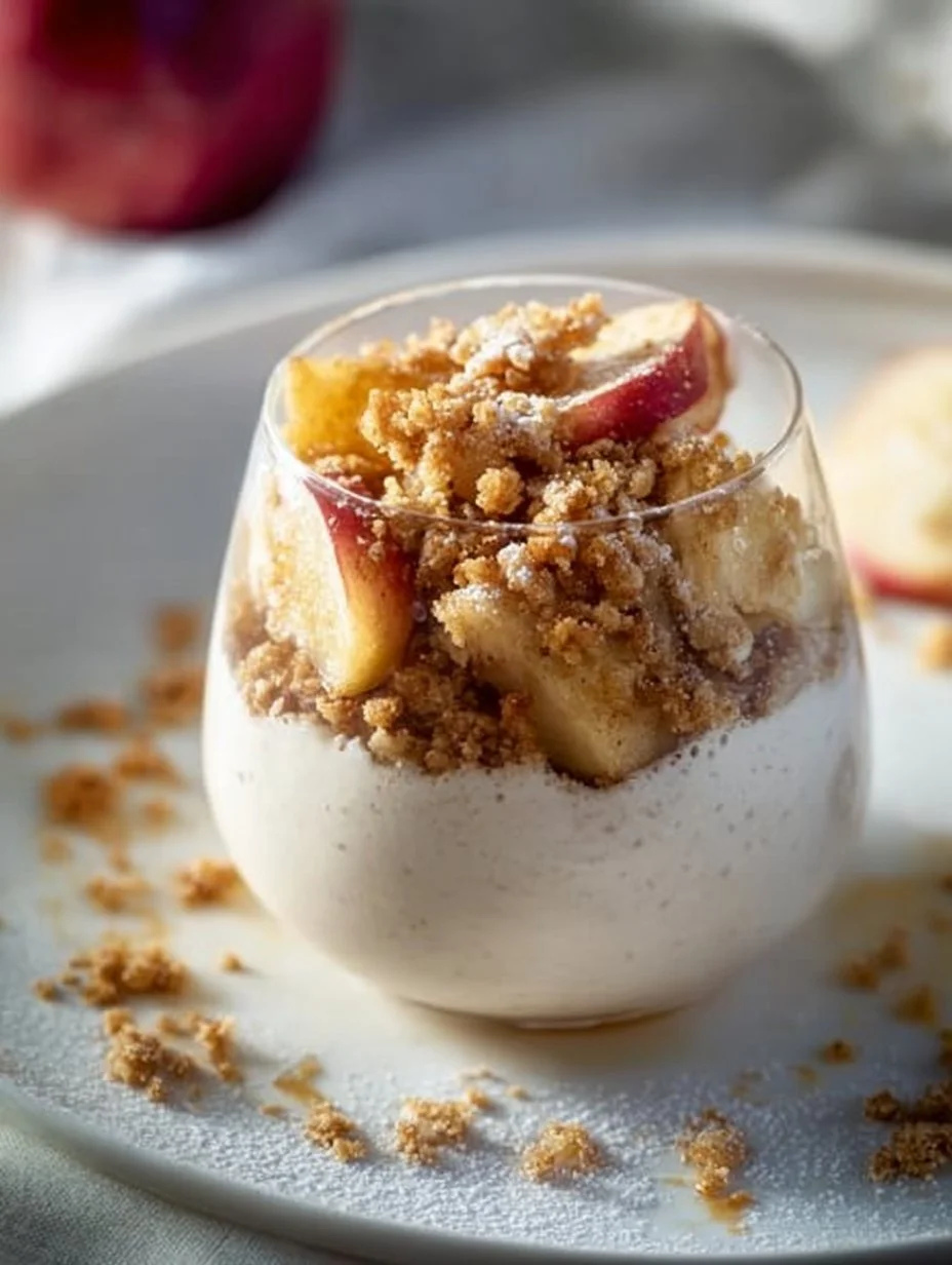 Bratapfel-Crumble auf Zimtcreme in einer eleganten Schale serviert