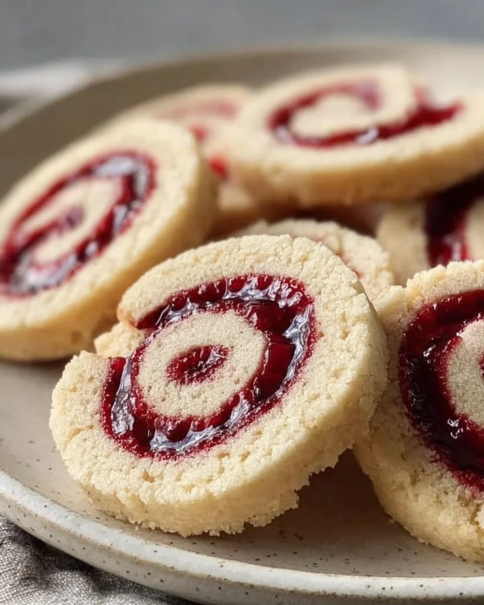 Butterige Himbeer-Schnecken-Shortbread-Kekse auf einem Teller