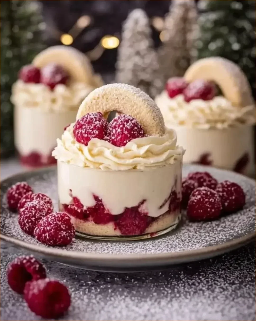 Cremiges Vanillekipferl Dessert mit Himbeeren in eleganter Präsentation.