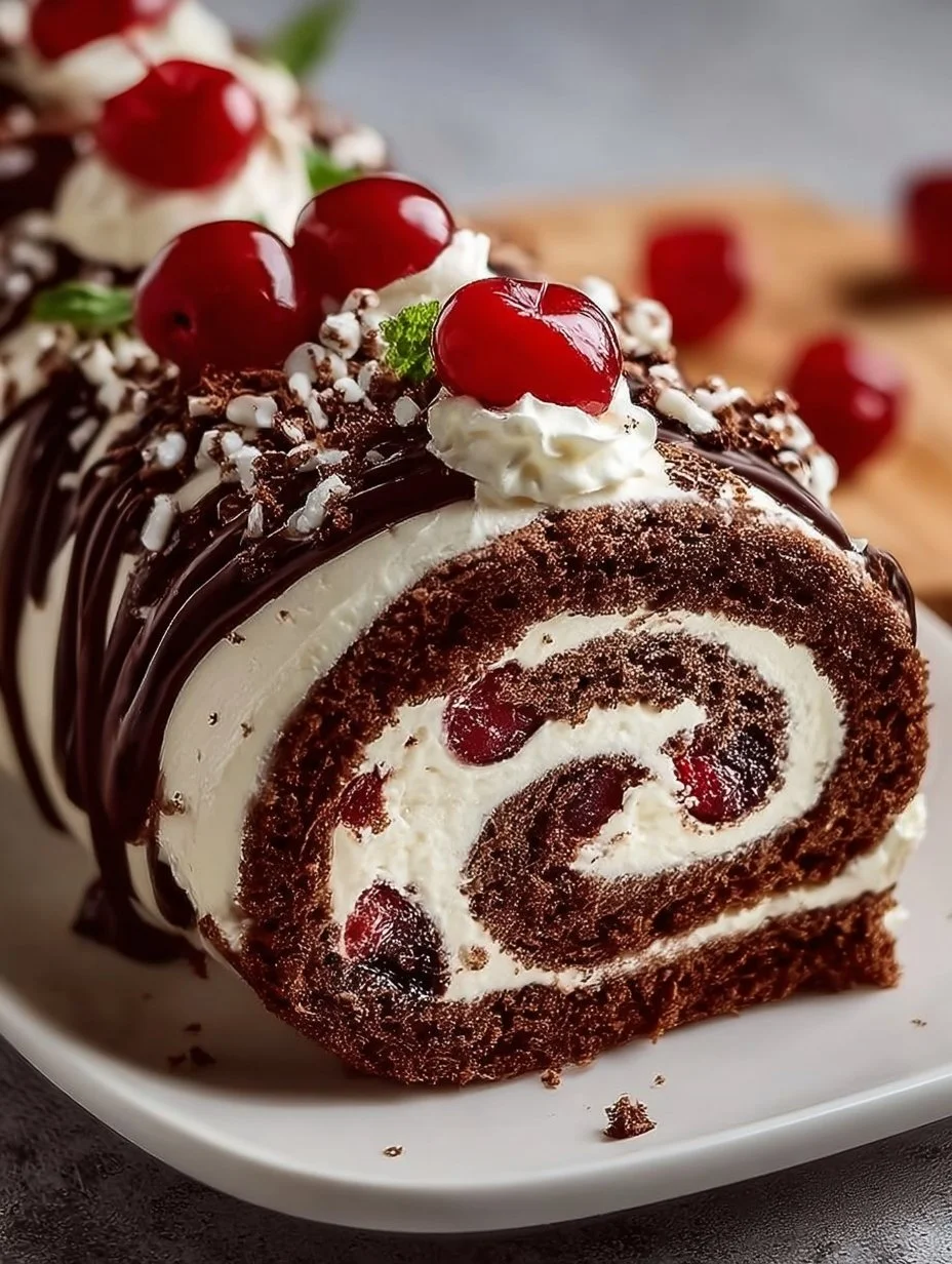 Elegante Schwarzwälder Kuchenrolle mit Sahne und Kirschen auf einem Teller serviert.
