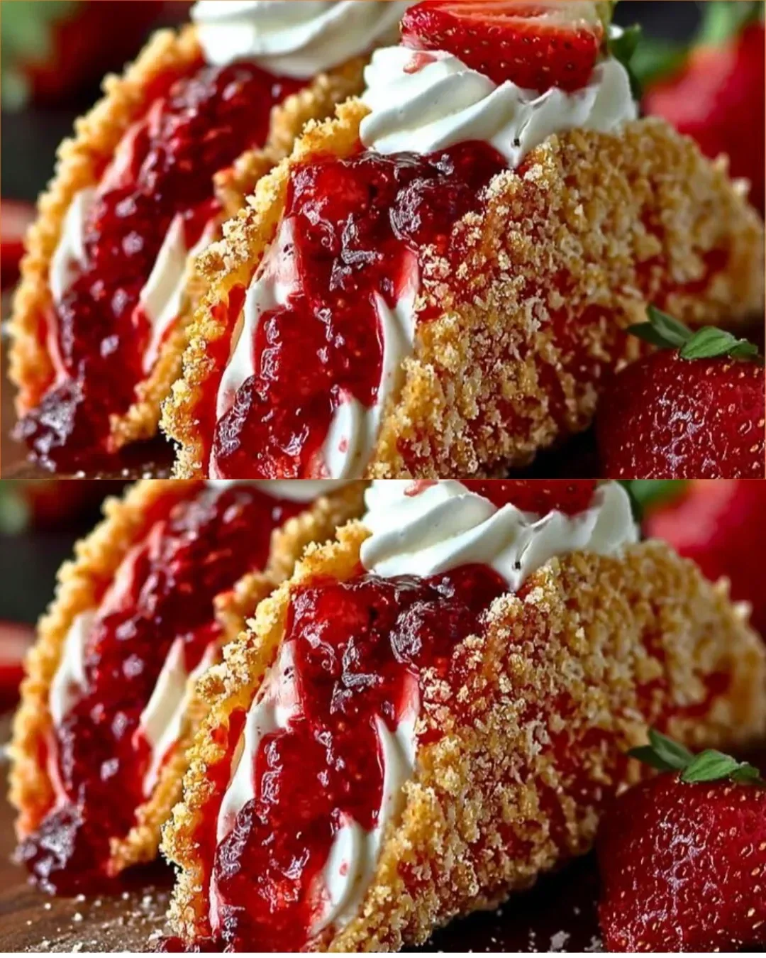Erdbeer Crunch Cheesecake Tacos auf einem Teller
