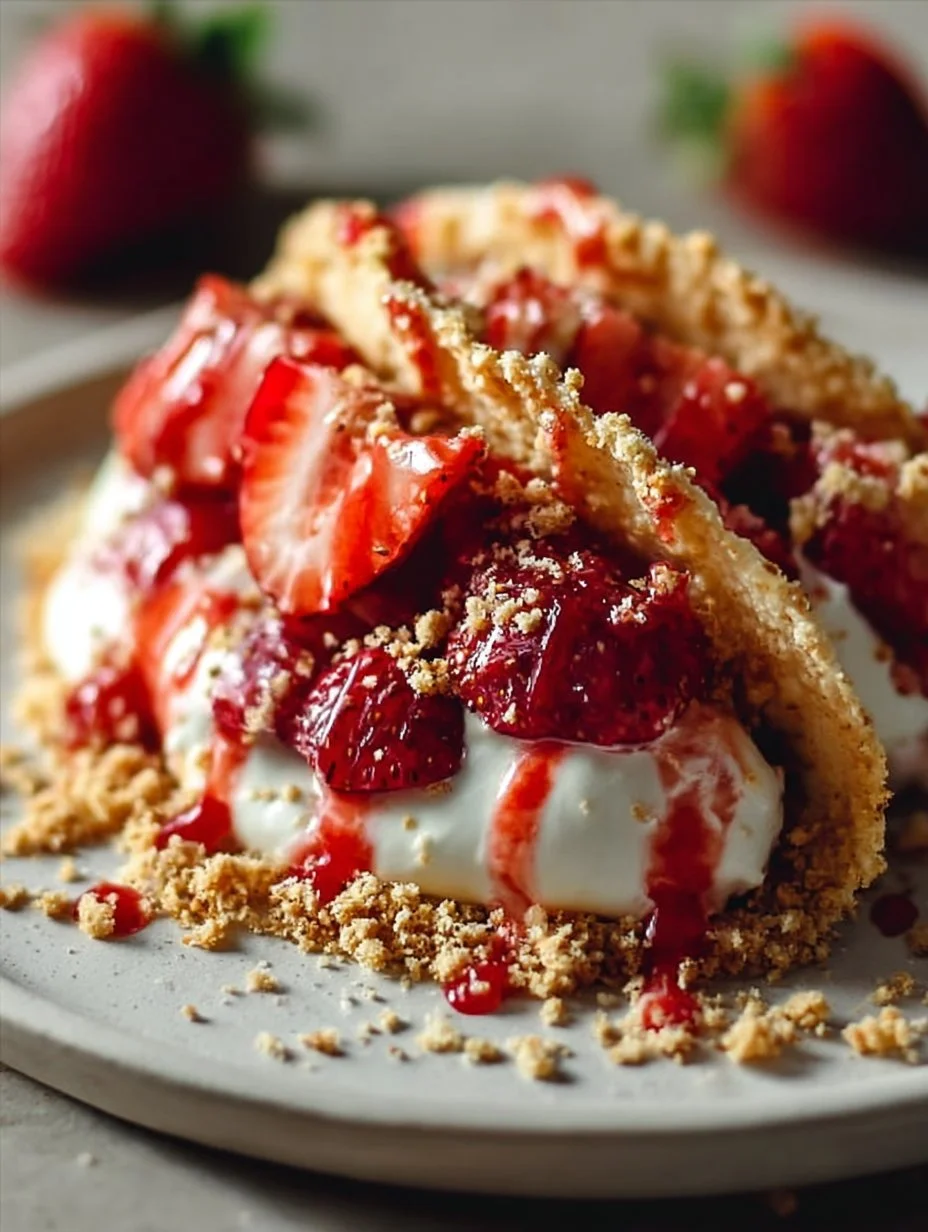 Erdbeer Crunch Käsekuchen Tacos mit frischen Erdbeeren und knusprigem Topping