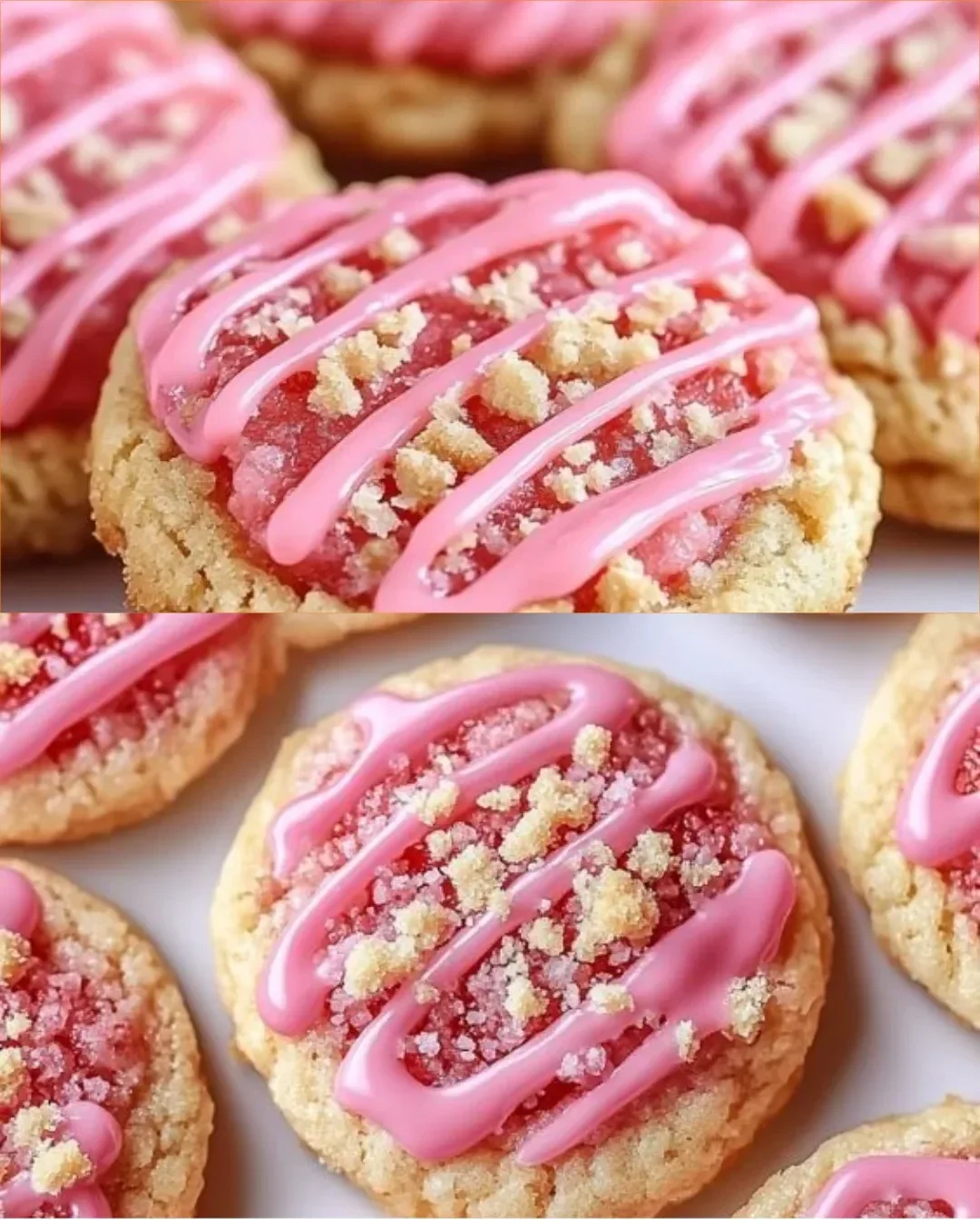 Frische Erdbeer-Crunch-Kekse auf einem Teller, ideal für süße Snacks