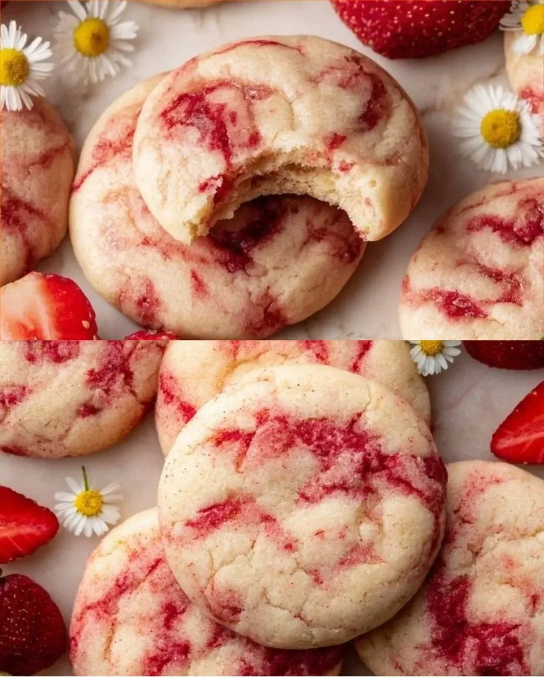 Erdbeerkäsekekse auf einem Teller mit frischen Erdbeeren dekoriert