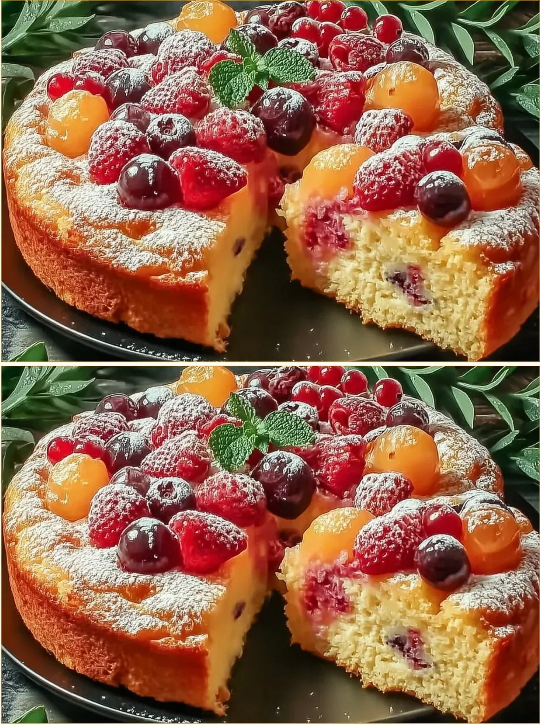 Flauschige dicke Obst-Pfannkuchen auf einem Teller serviert