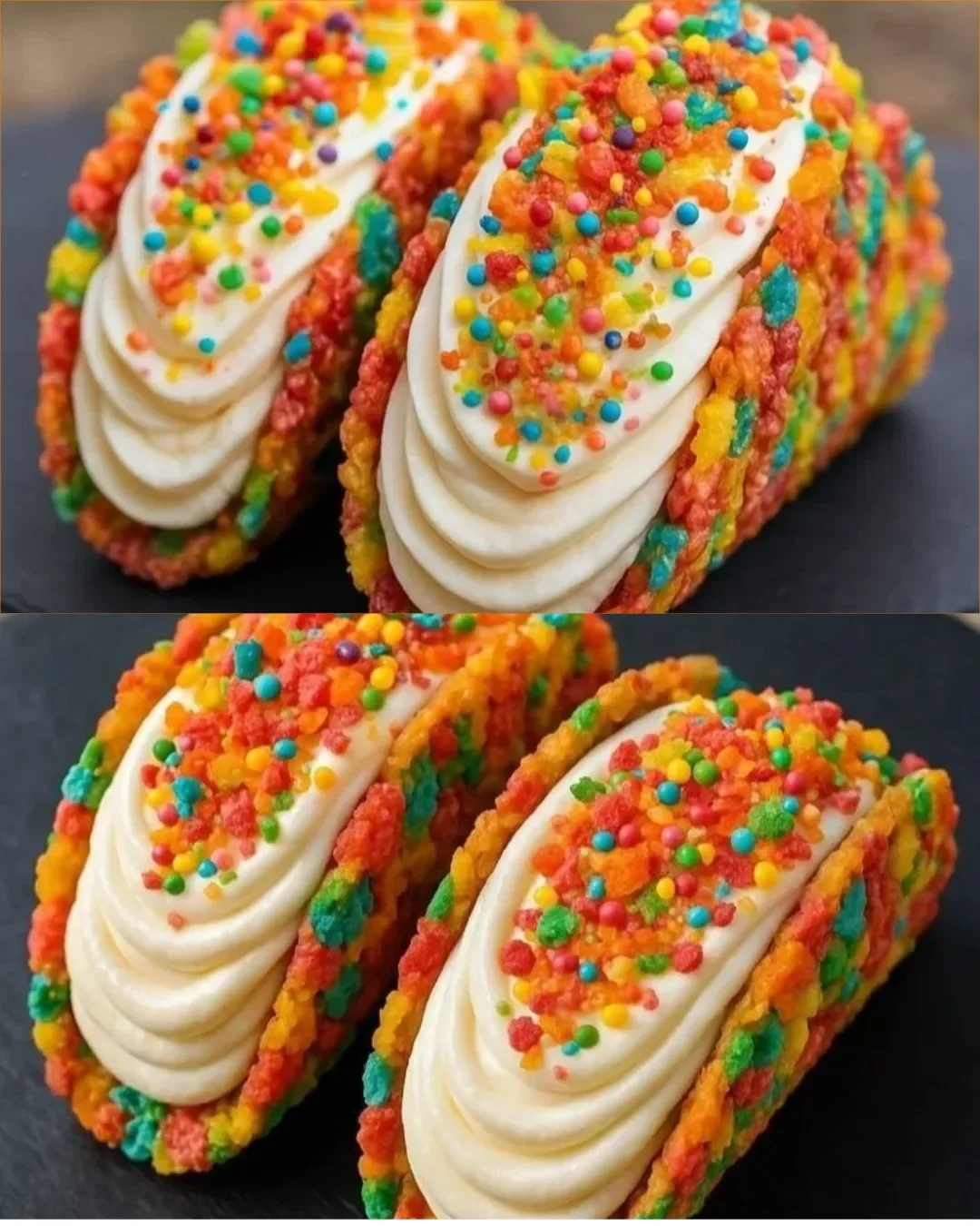 Fruchtige Käsekuchen-Tacos mit bunten Pebbles für ein süßes Dessert