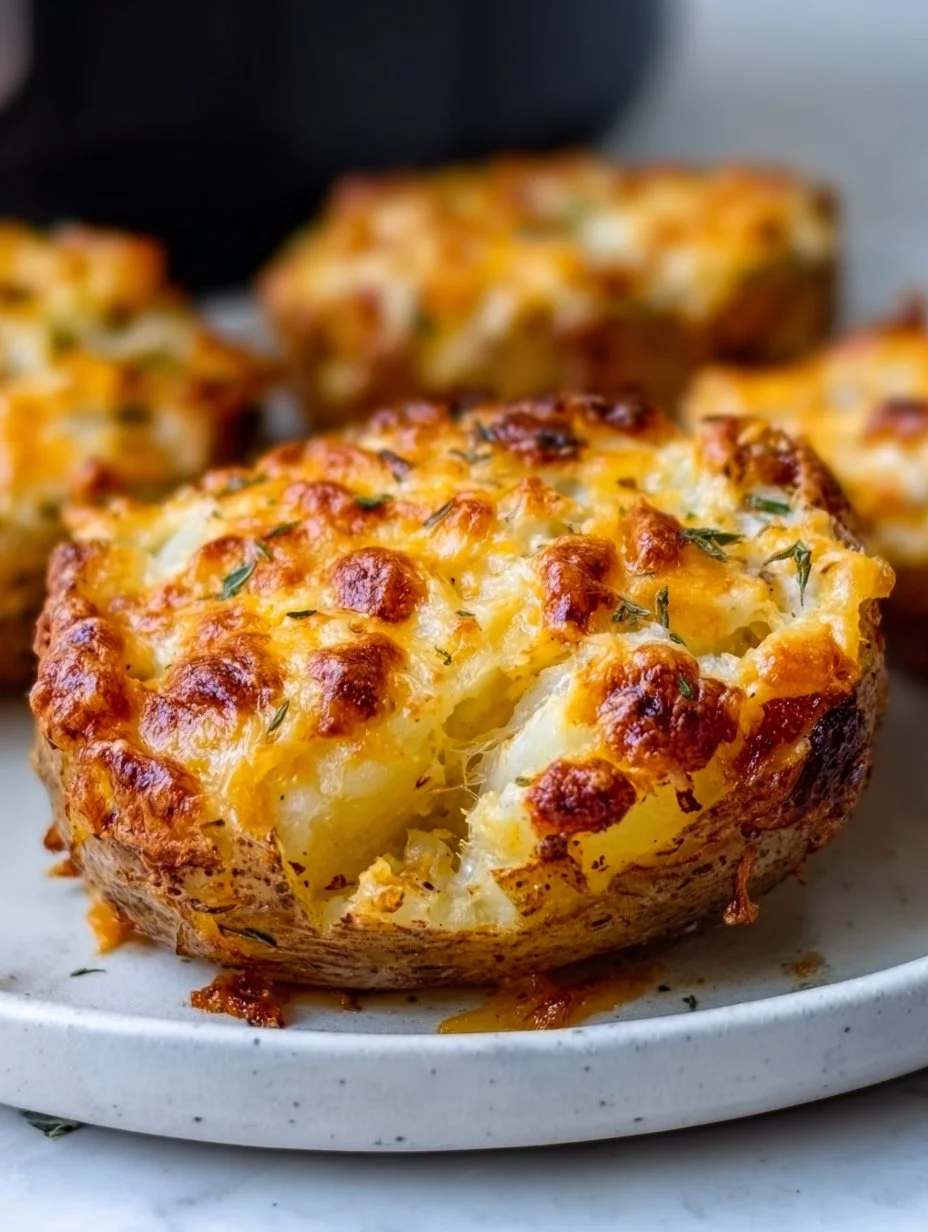 Gebackene Käse-Kartoffeln aus der Heißluftfritteuse serviert in einem rustikalen Geschirr