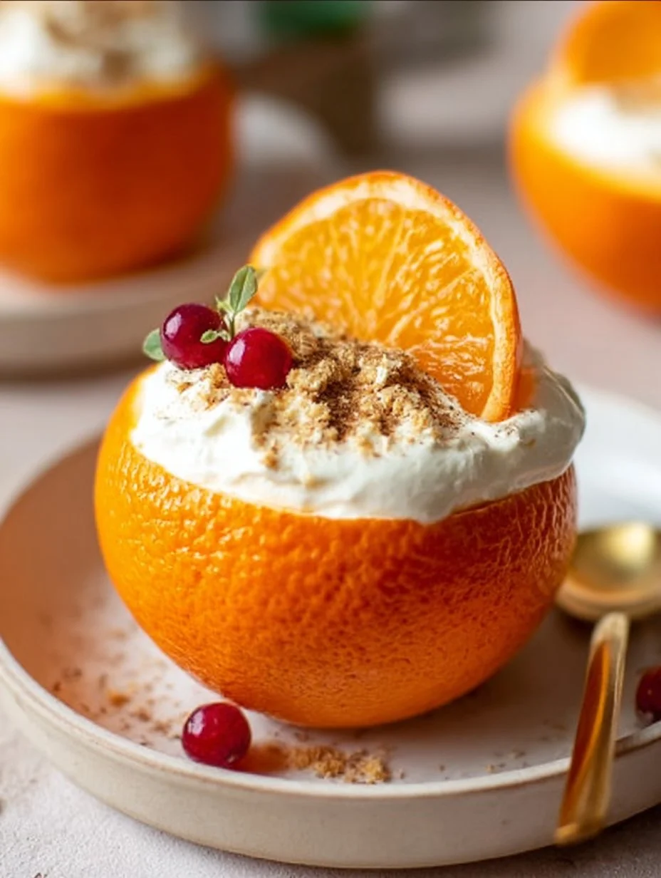 Gefüllte Orangen mit Sahne-Quark-Creme auf einem Teller angerichtet