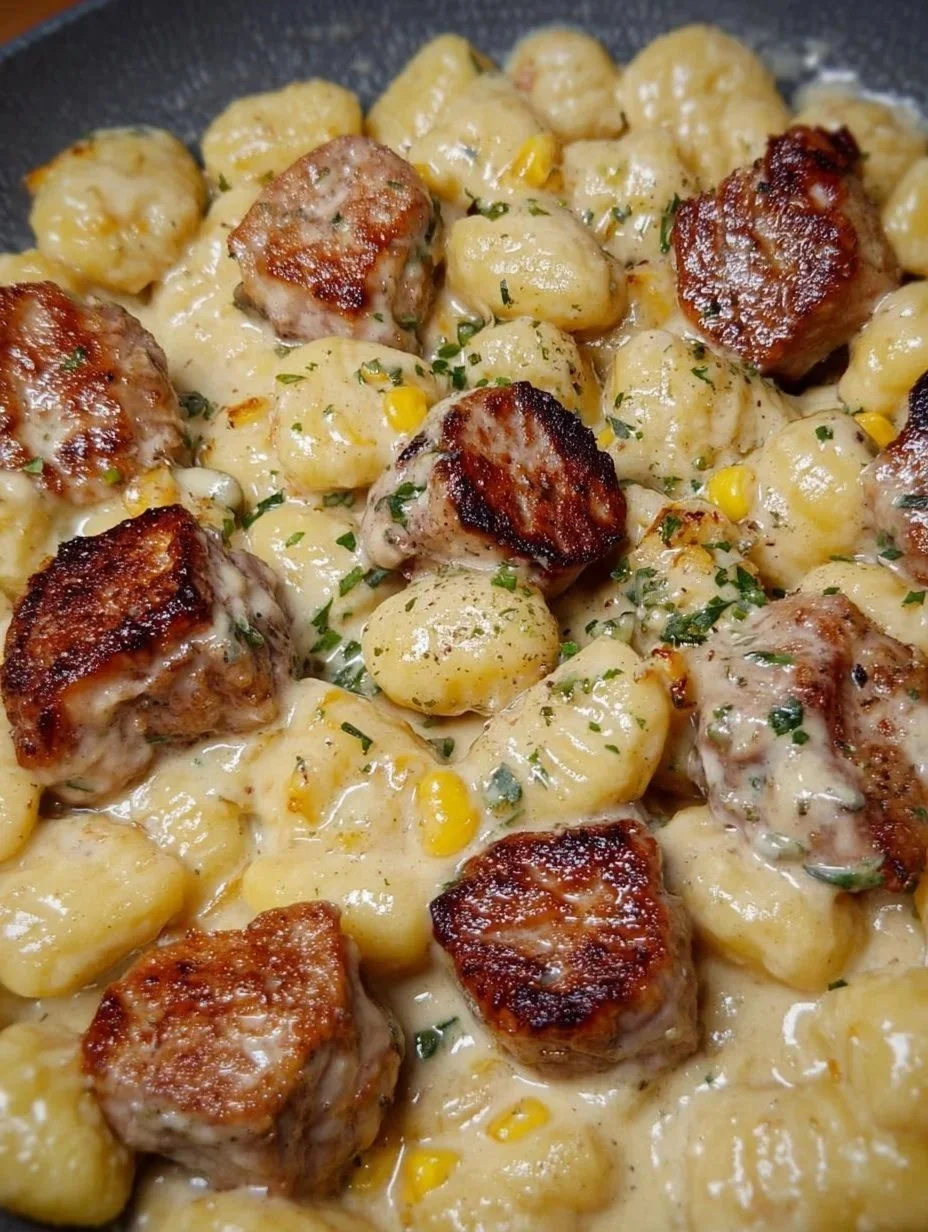 Gnocchi mit Pansen in Knoblauchsoße auf einem Teller serviert
