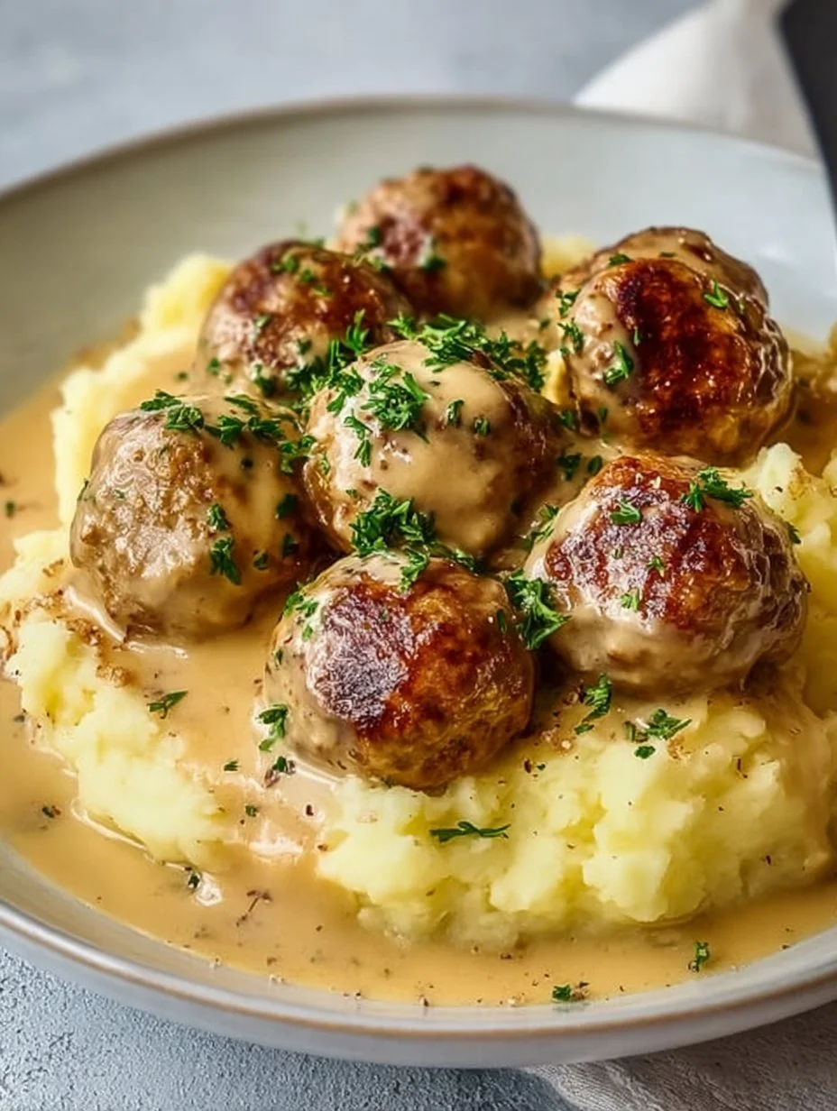 Hackbällchen in cremiger Sauce mit Kartoffelpüree auf einem Teller angerichtet