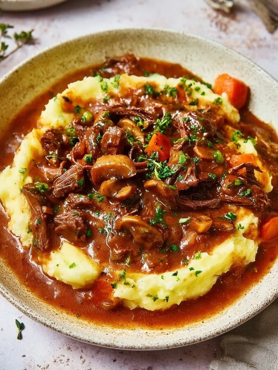 Herzhaftes Pilzgulasch mit Kartoffelpüree auf einem Teller serviert.