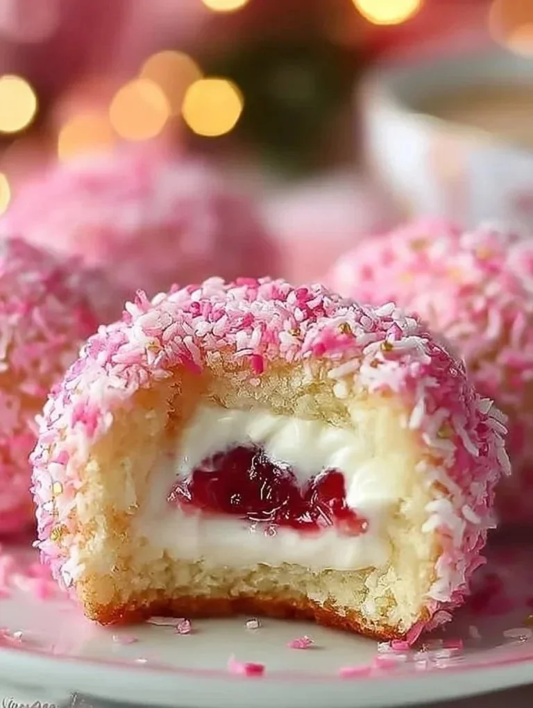 Himbeer-Lamingtons mit Chantilly-Herz auf einem Teller serviert.