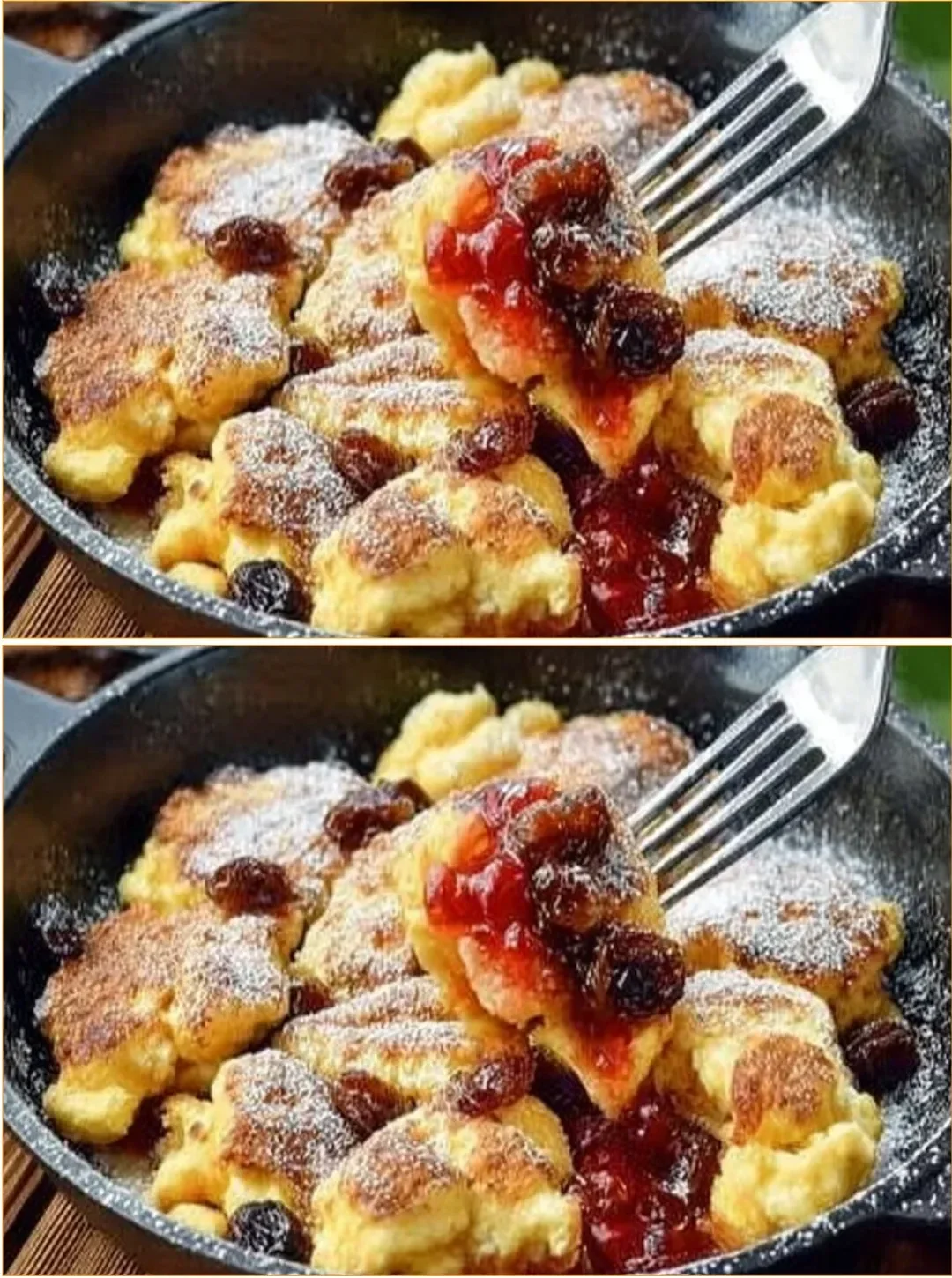 Kaiserschmarrn - österreichischer Pfannkuchen, fluffig und süß serviert.