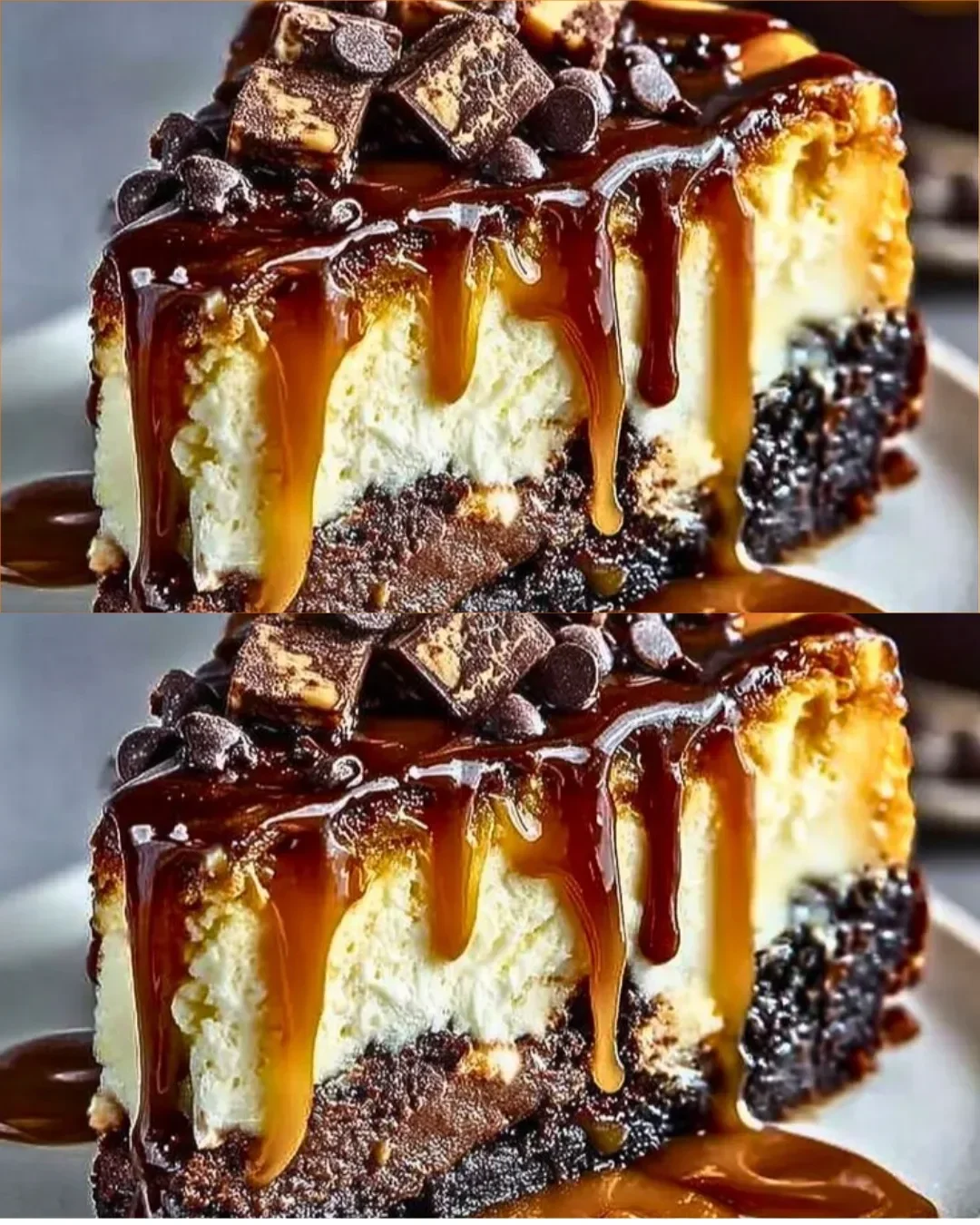 Karamell Brownie Käsekuchen mit Schokolade und Karamellsoße