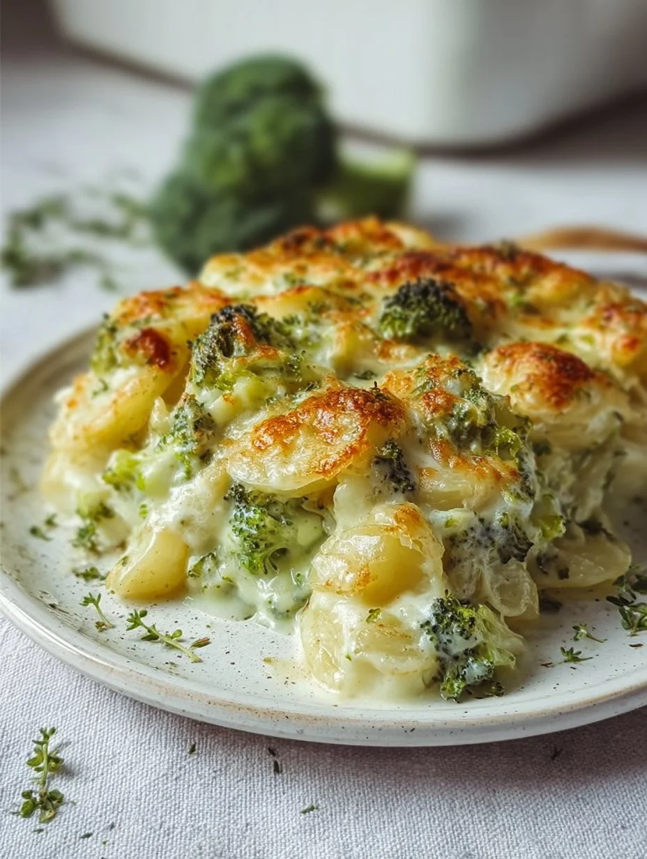 Kartoffel-Brokkoli-Auflauf mit Sahnesauce frisch aus dem Ofen