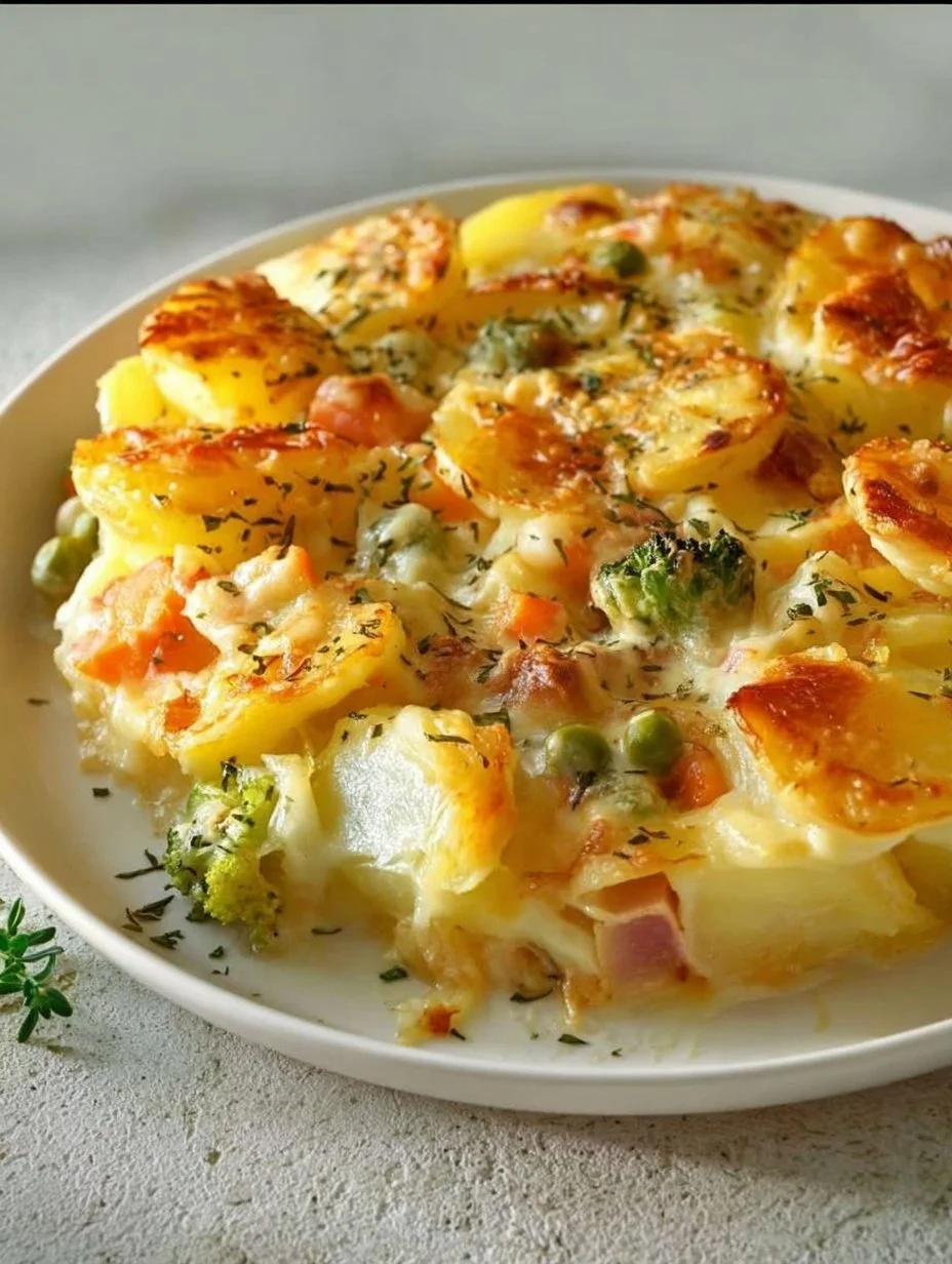 Kartoffelauflauf mit Gemüse in einer ofenfesten Form