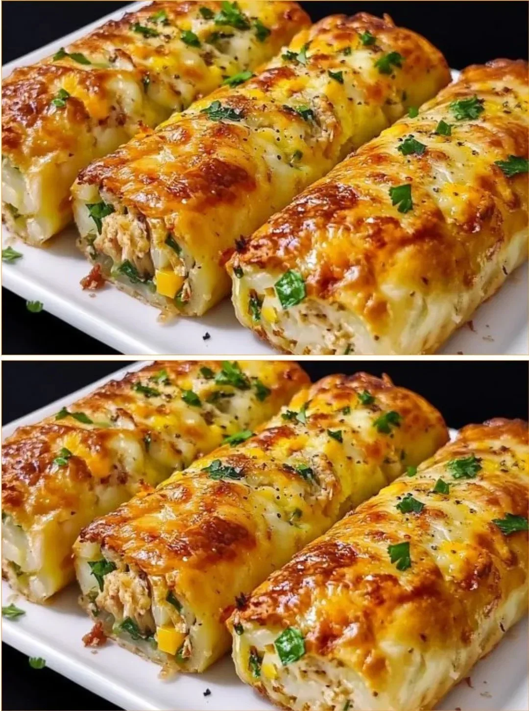 Kartoffelpuffer mit Füllung und Soße auf einem Teller serviert