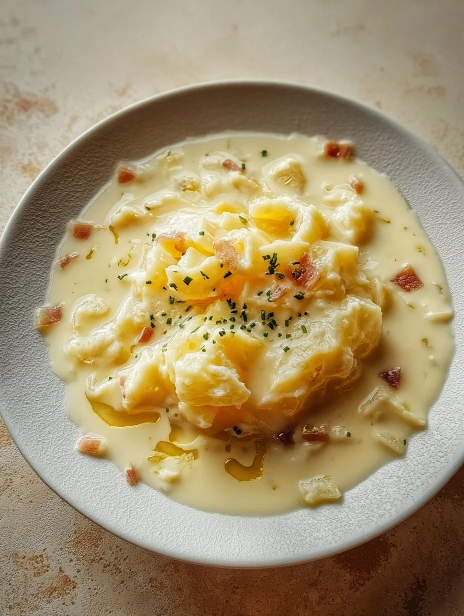Eine herzhafte Kartoffelsuppe mit frischen Zutaten in einer Schüssel.