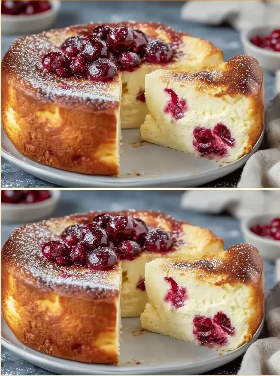 Käsekuchen mit Kirschen auf einem Tellern serviert