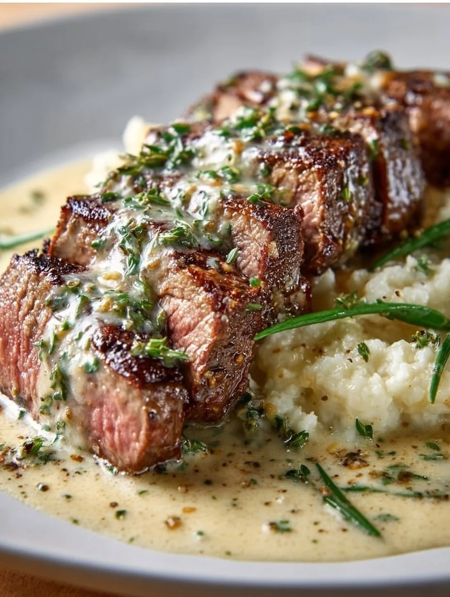 Knoblauchbuttersteak mit Parmesan-Cremesauce auf einem Teller serviert