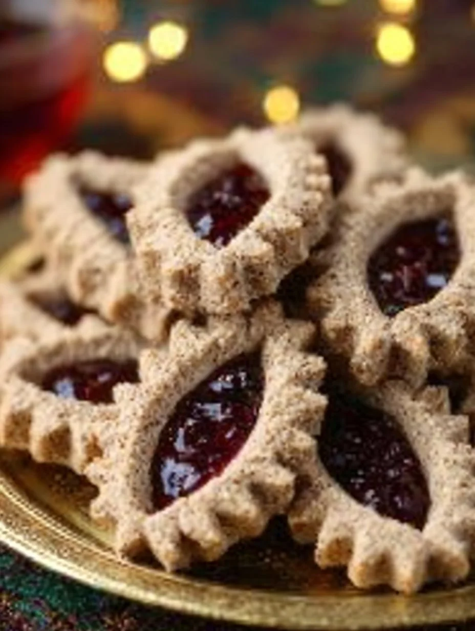 Linzer Torte Plätzchen auf einem weißen Teller mit Puderzucker.
