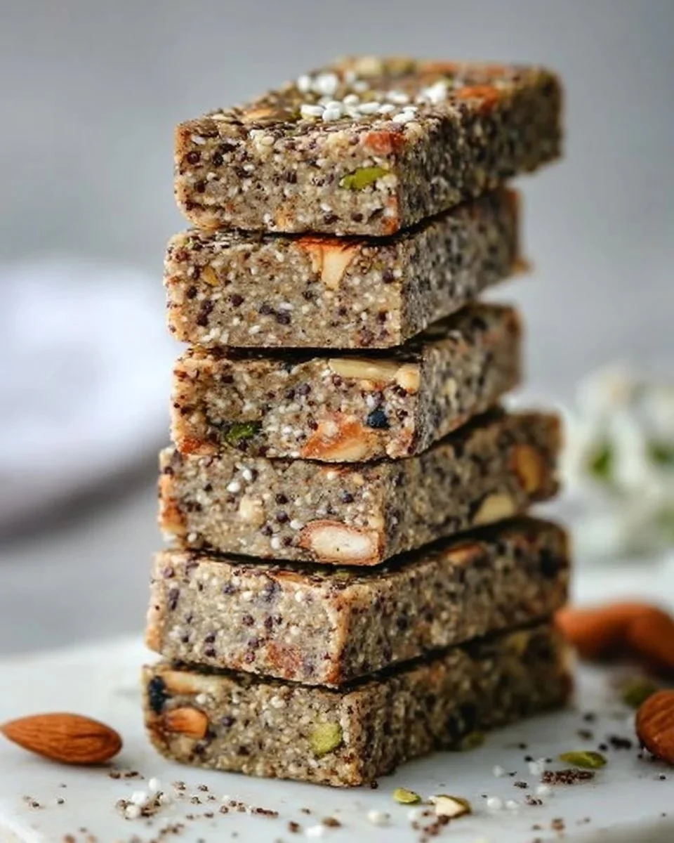 Leckere Mandel-Chia-Hanf-Leinsamen-Riegel auf einem Holzbrett.