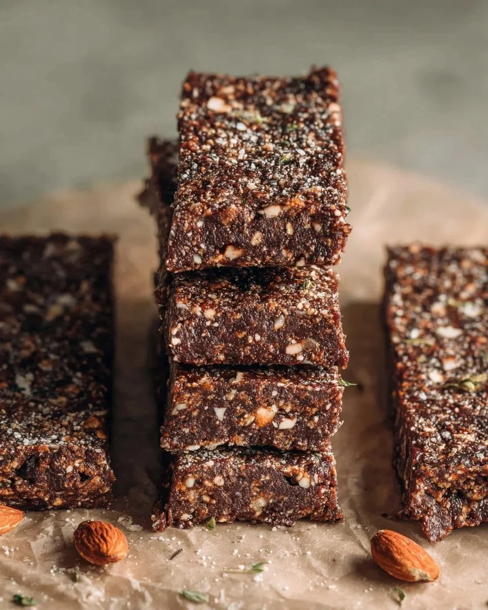 No-Bake Schokoladen-Chia-Energie-Riegel auf einem Tisch präsentiert