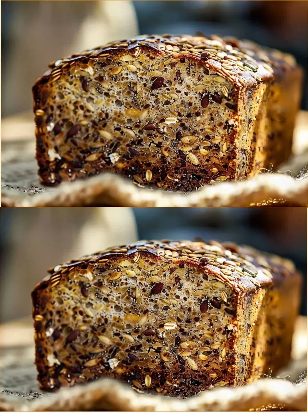 Frisch gebackenes Nuss- und Samenbrot mit Nüssen und Samen, auf einem Holzbrett.