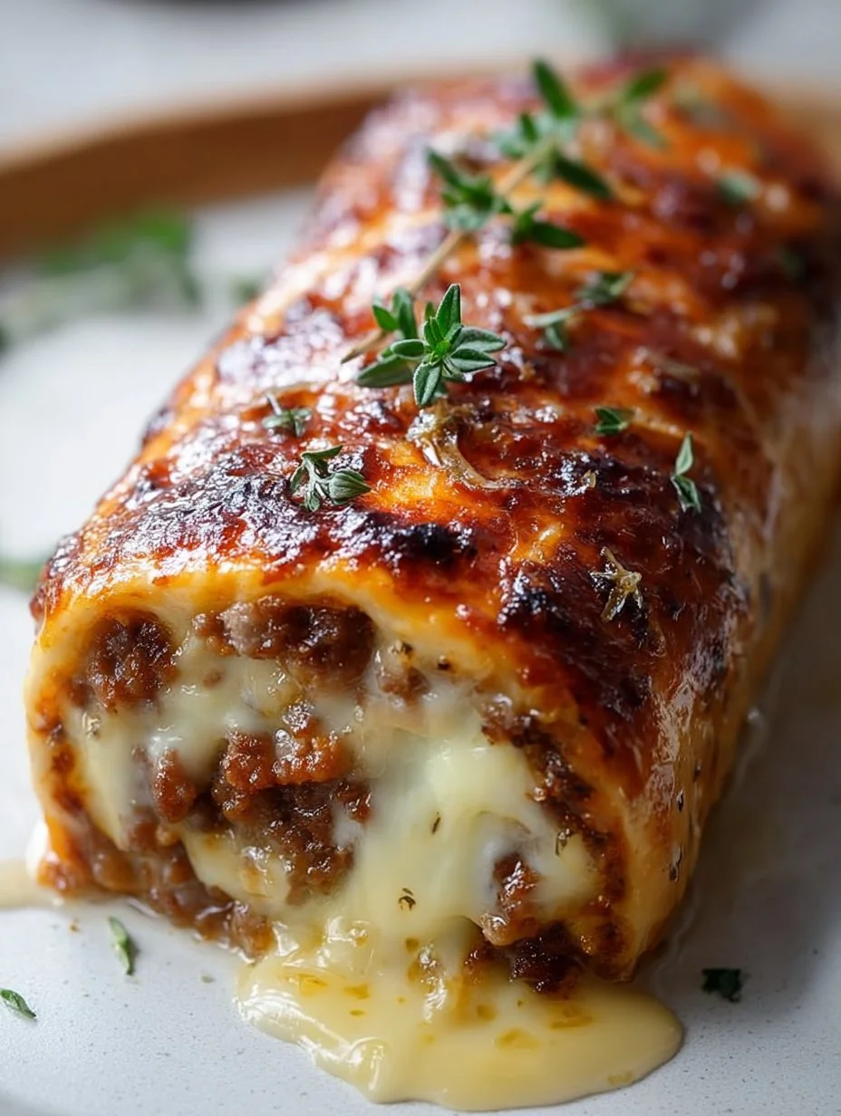 Saftige Hackfleisch-Käse-Rolle frisch aus dem Ofen, serviert auf einem Holzbrett.