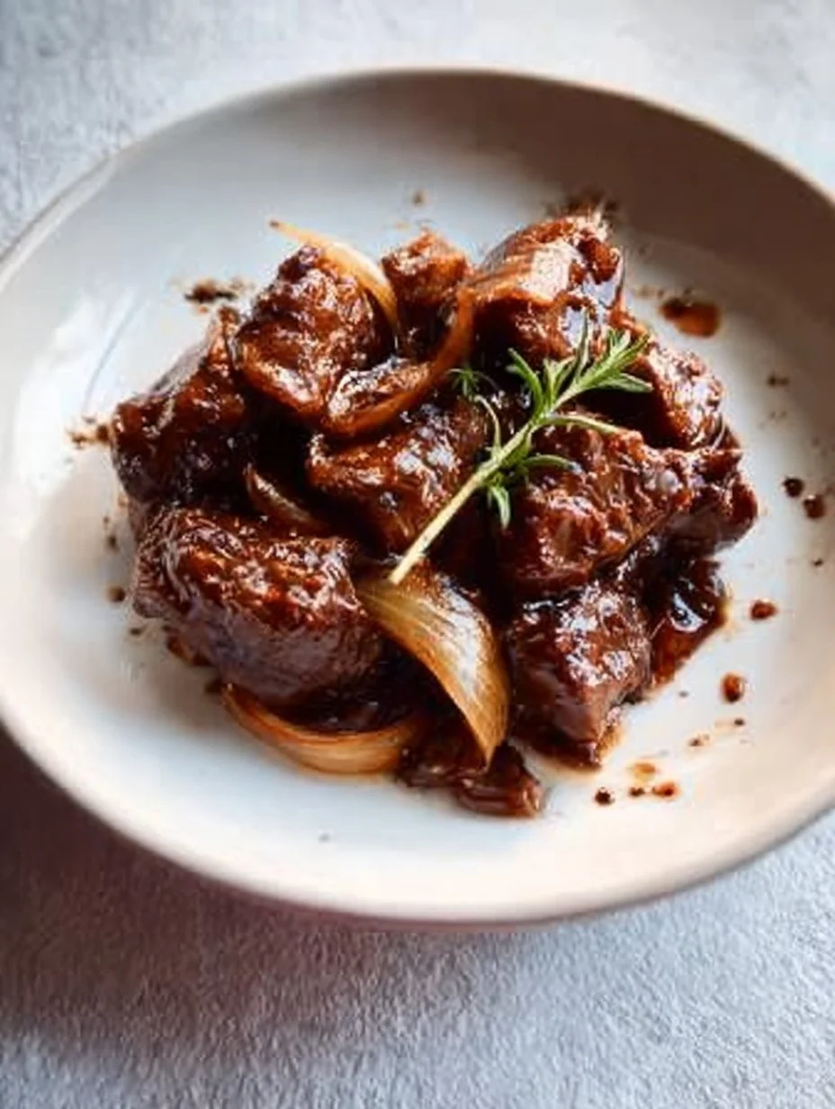 Rindfleisch in Balsamico-Zwiebel-Sauce auf einem Teller serviert