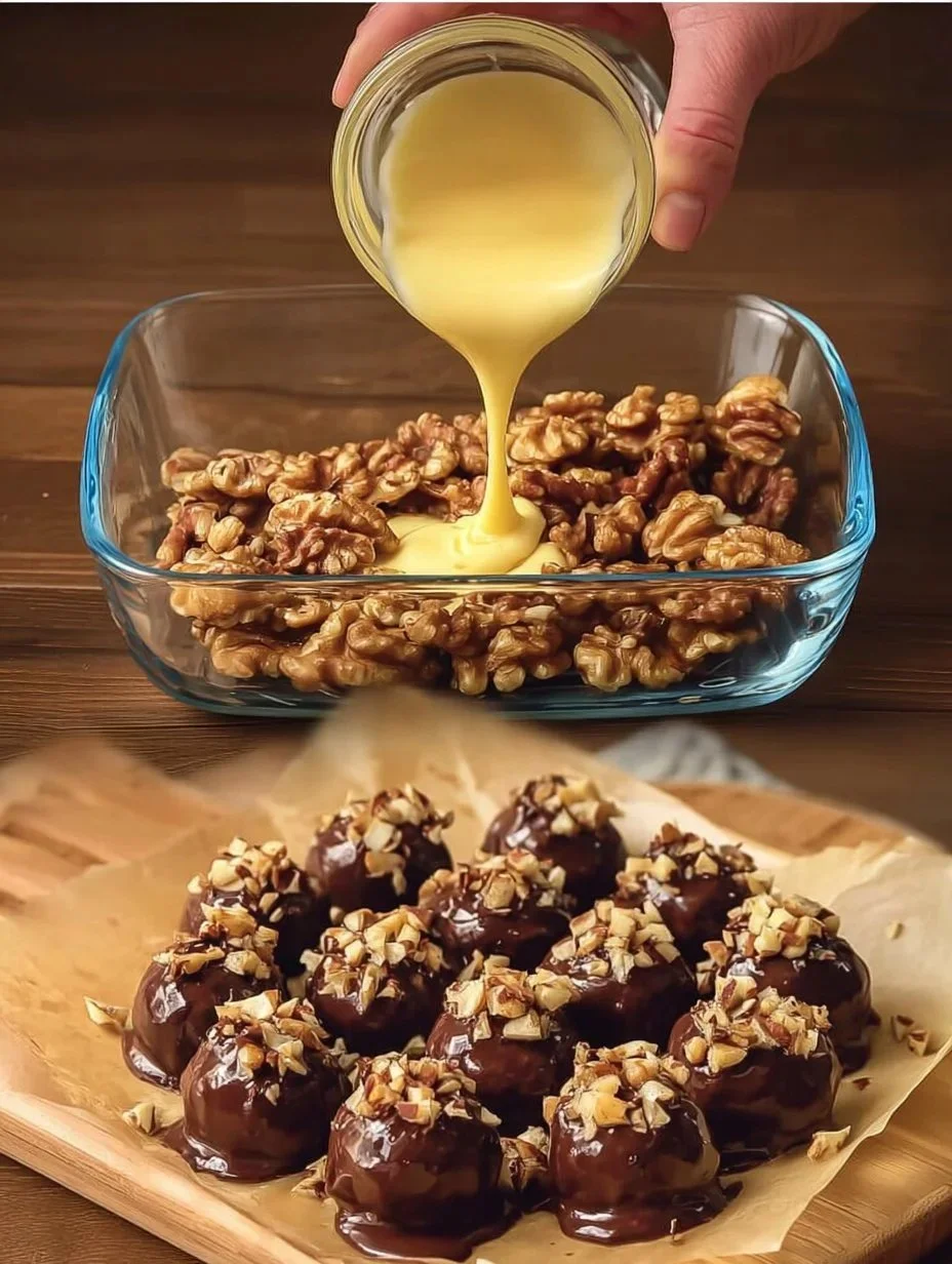 Schokoladen-Walnuss-Bälle auf einem Teller mit Nüssen im Hintergrund
