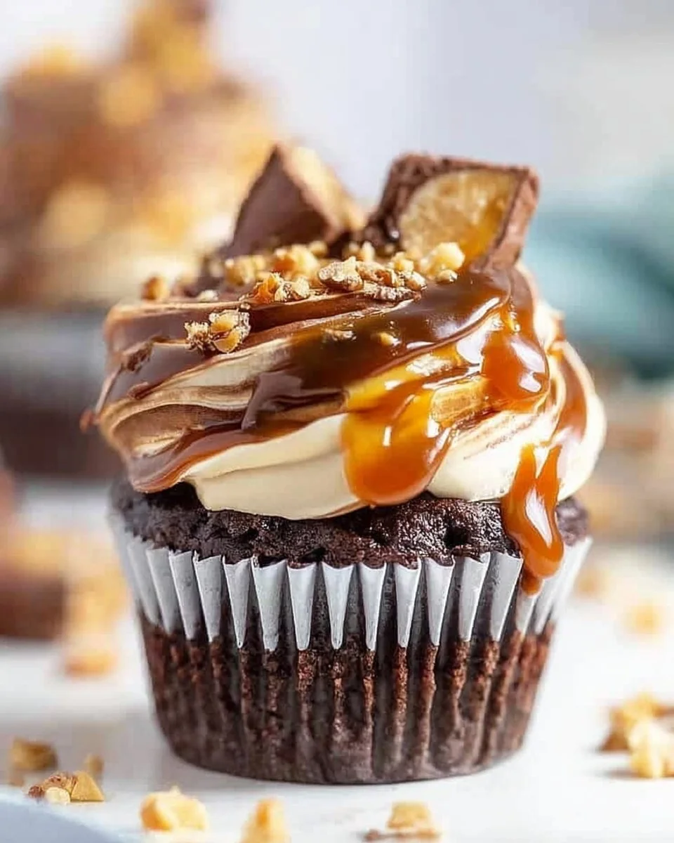 Delizierte Snickers Cupcakes mit Schokolade, Karamell und Erdnüssen
