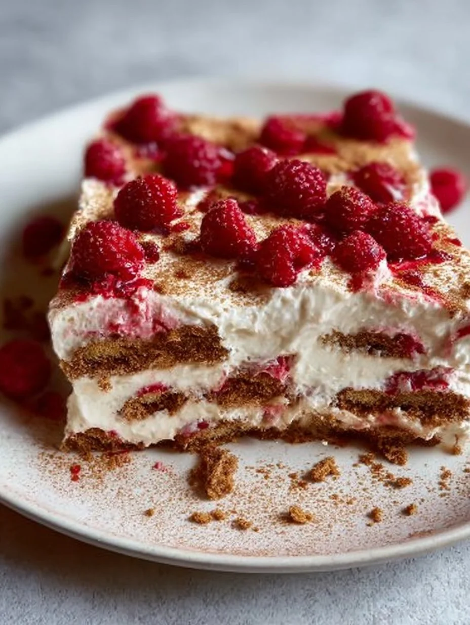 Spekulatius-Himbeer-Tiramisu mit frischen Himbeeren und Keksen