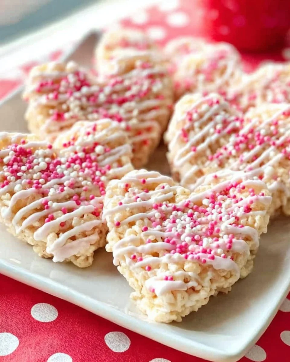 Valentinstags-Herz-Rice-Krispie-Leckereien in rosa und rot dekoriert.