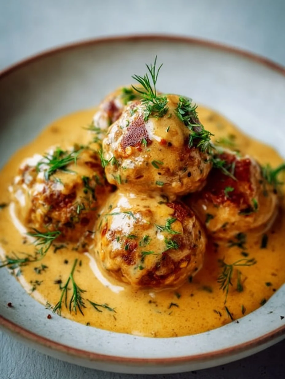 Vegane Linsenknödel in aromatischer Curry-Sauce serviert auf einem Teller.