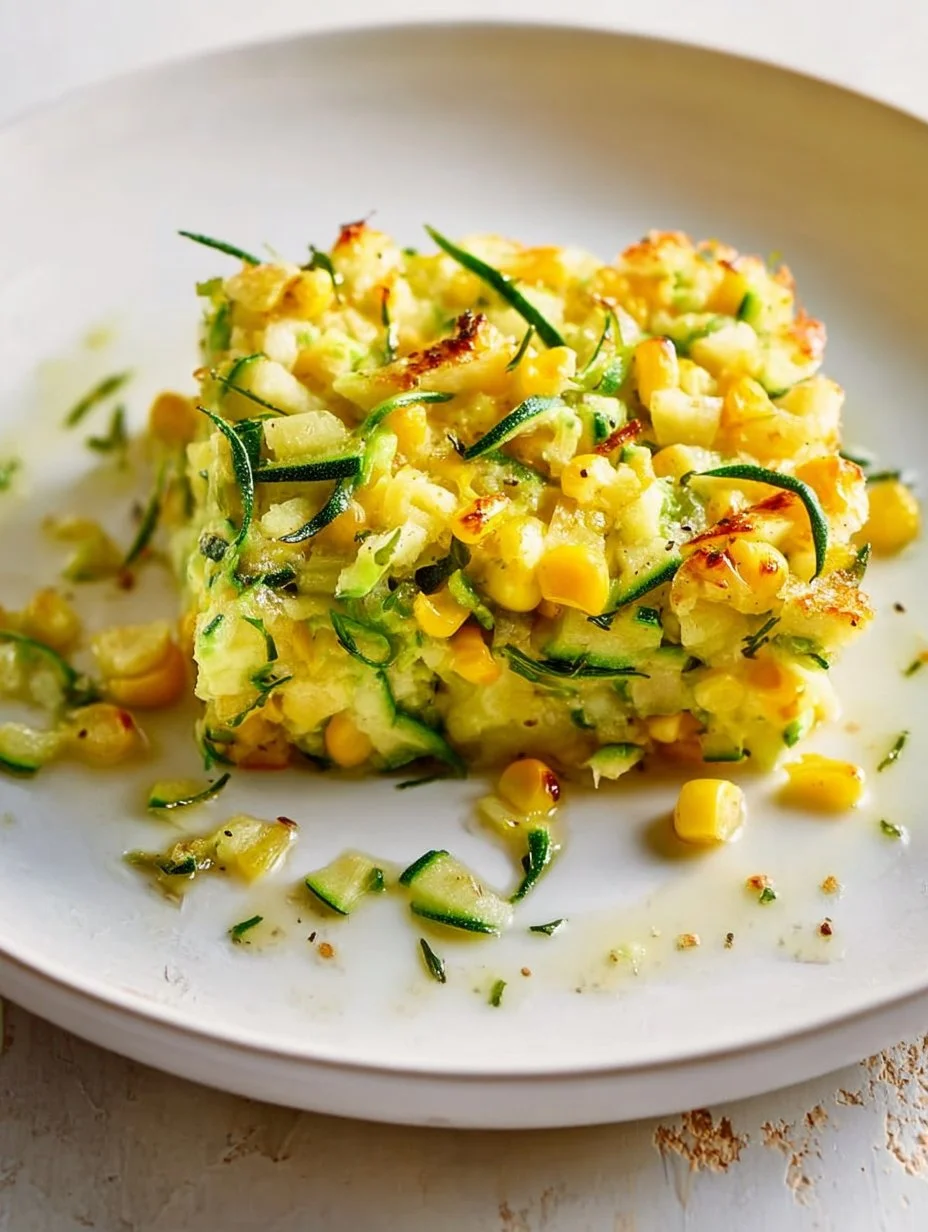 Zucchini und Mais Beilage auf einem Teller garniert mit frischen Kräutern.