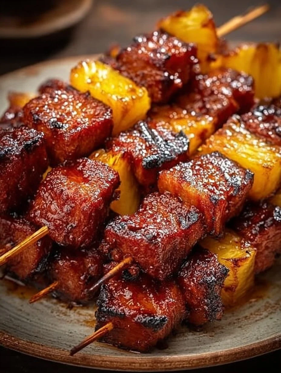 Ananas BBQ Schweinefleisch Spieße auf dem Grill zubereitet