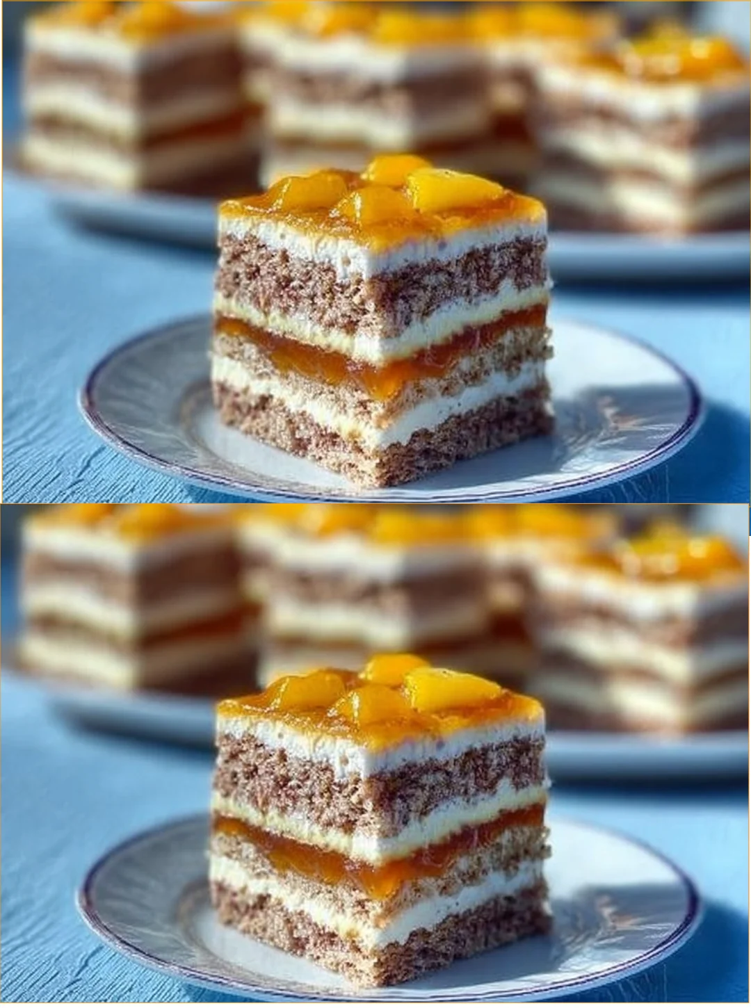 Frischer Apfel-Mango-Jelly-Kuchen auf einem Teller, dekoriert mit Früchten.