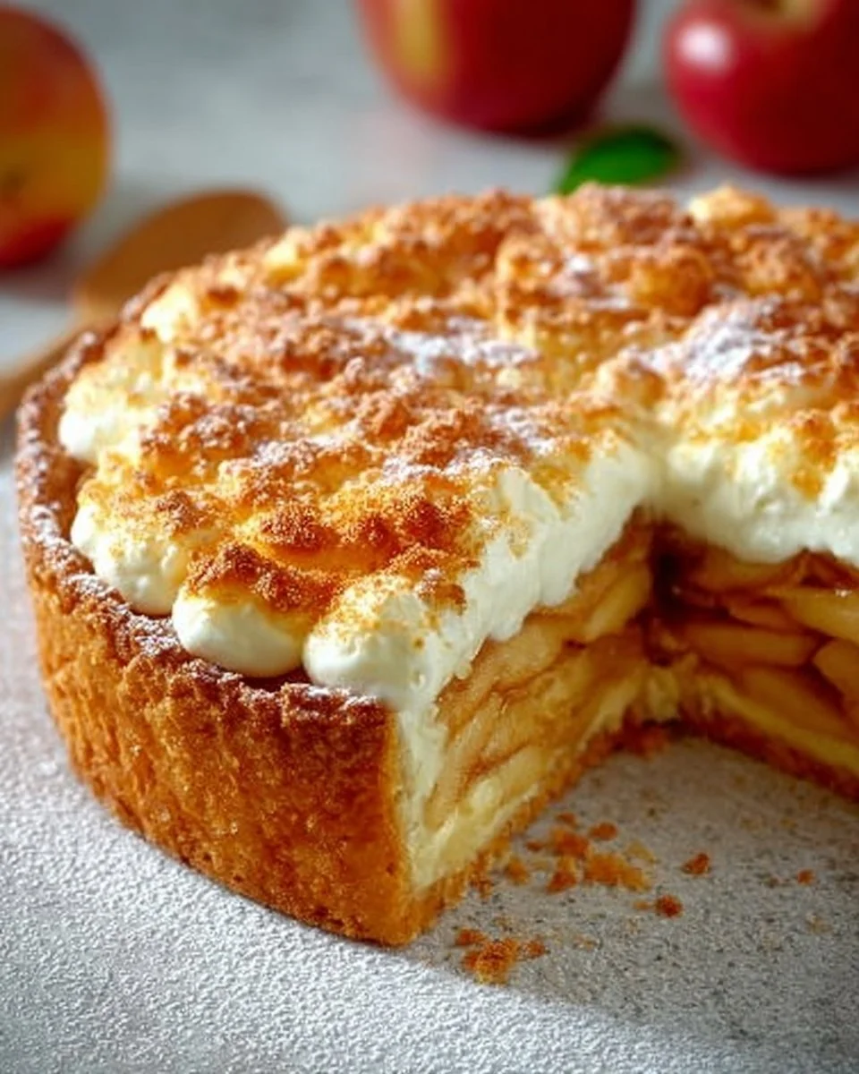 Apfeltarte mit Soufflé-Creme auf einem Teller serviert