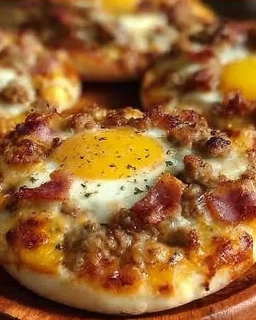 Leckere Frühstückspizza mit Eiern, Speck und frischem Gemüse