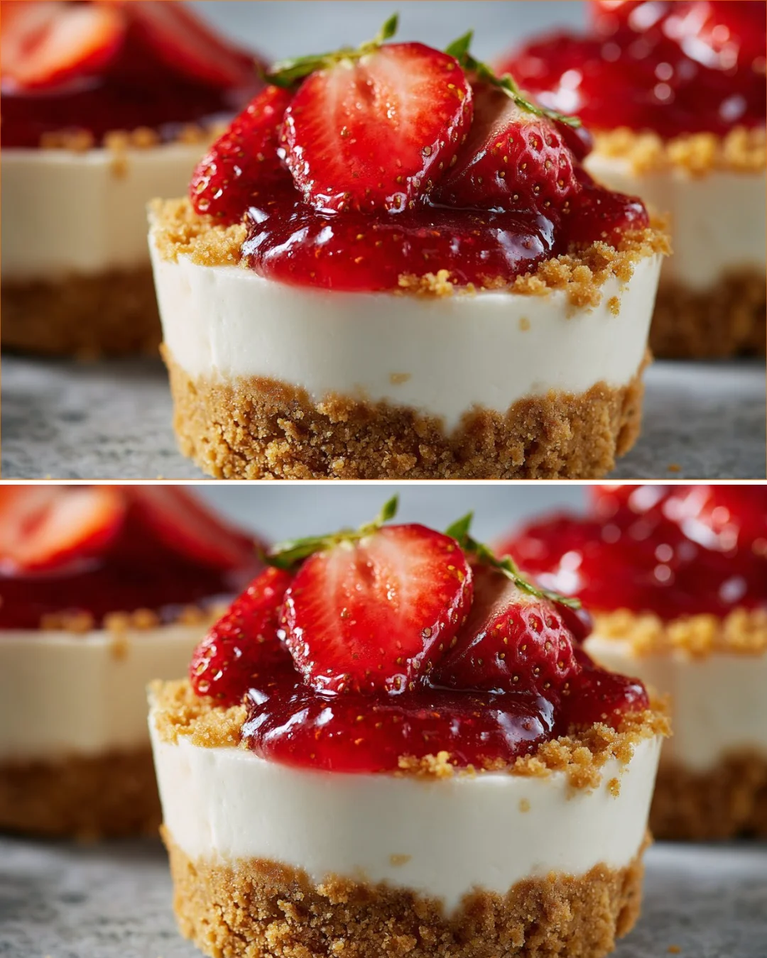 Cremiger Erdbeer-Käsekuchen-Becher mit frischen Erdbeeren und Käsekuchenfüllung