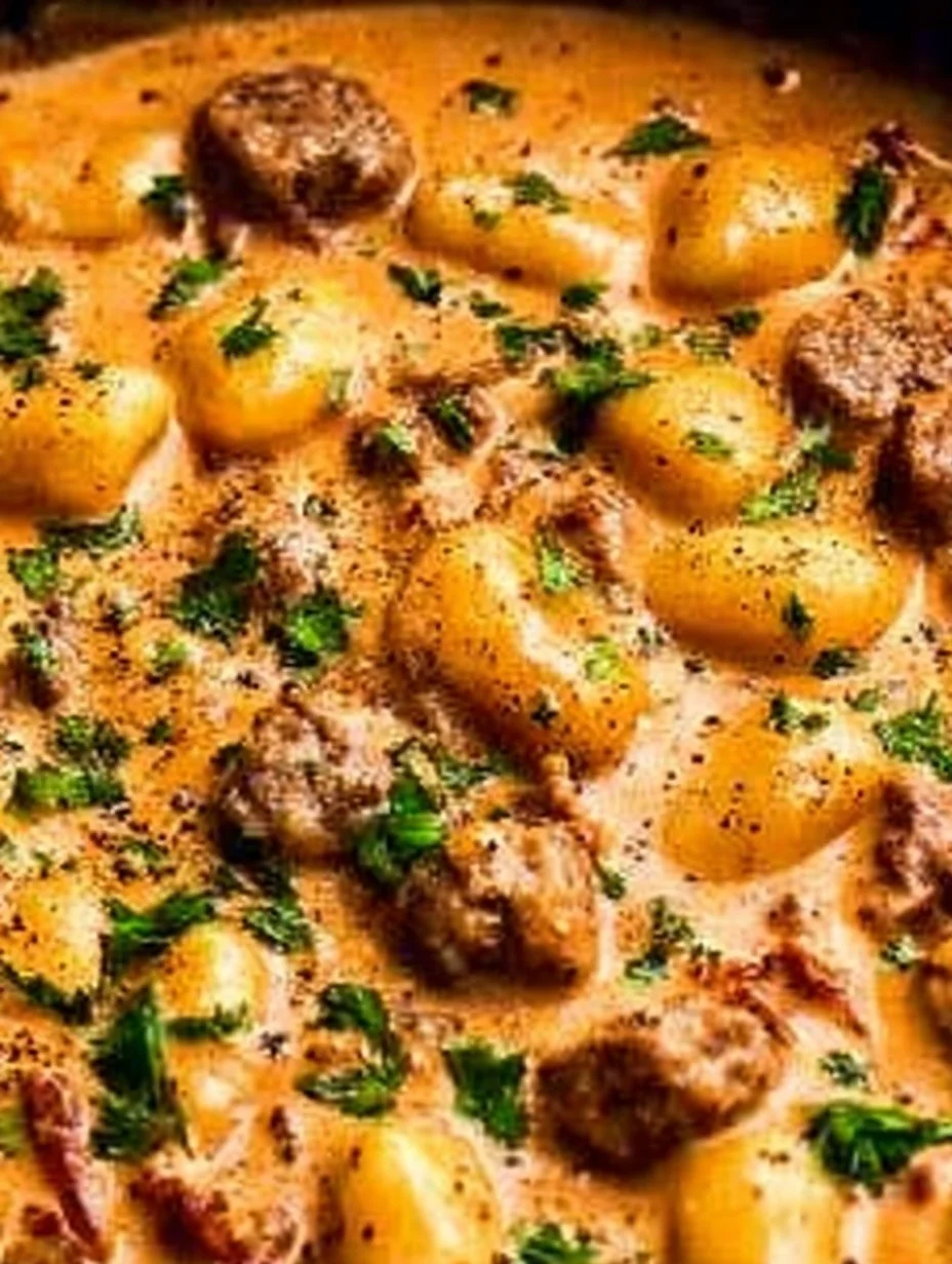 Cremige Gnocchi mit Wurst auf einem Teller serviert, garniert mit frischen Kräutern.