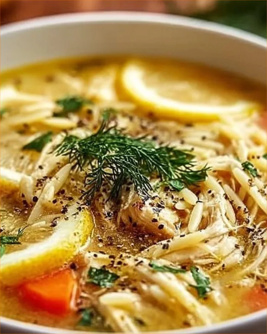 Schüssel mit cremiger griechischer Zitronen-Hühnersuppe
