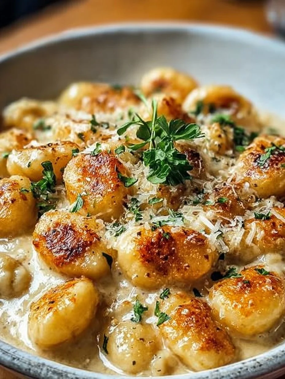 Cremige Hähnchen-Gnocchi mit Sauce auf einem Teller serviert